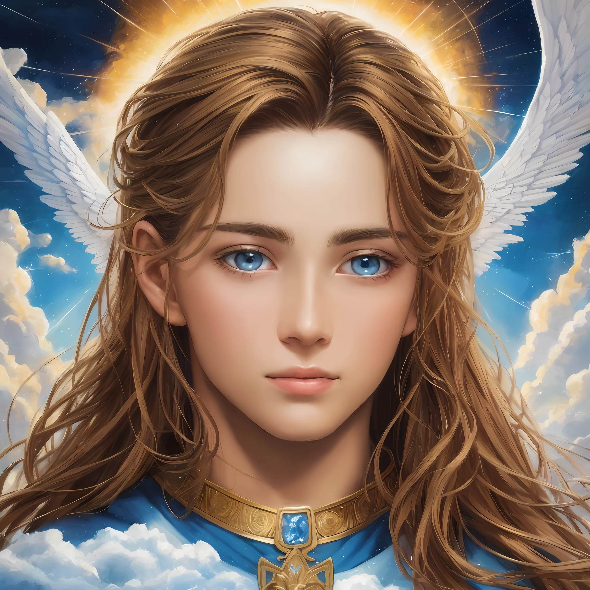 a painting of a woman with long hair and angel wings, angelic face, portrait of a beautiful angel, finely detailed angelic face, of beautiful angel, beautiful angel, young wan angel, archangel michael, beautiful angel girl portrait, portrait of magical blond prince, full of paintings of angels, fantasy male portrait, glowing angelic being, beautiful fantasy art portrait, fantasy art portrait