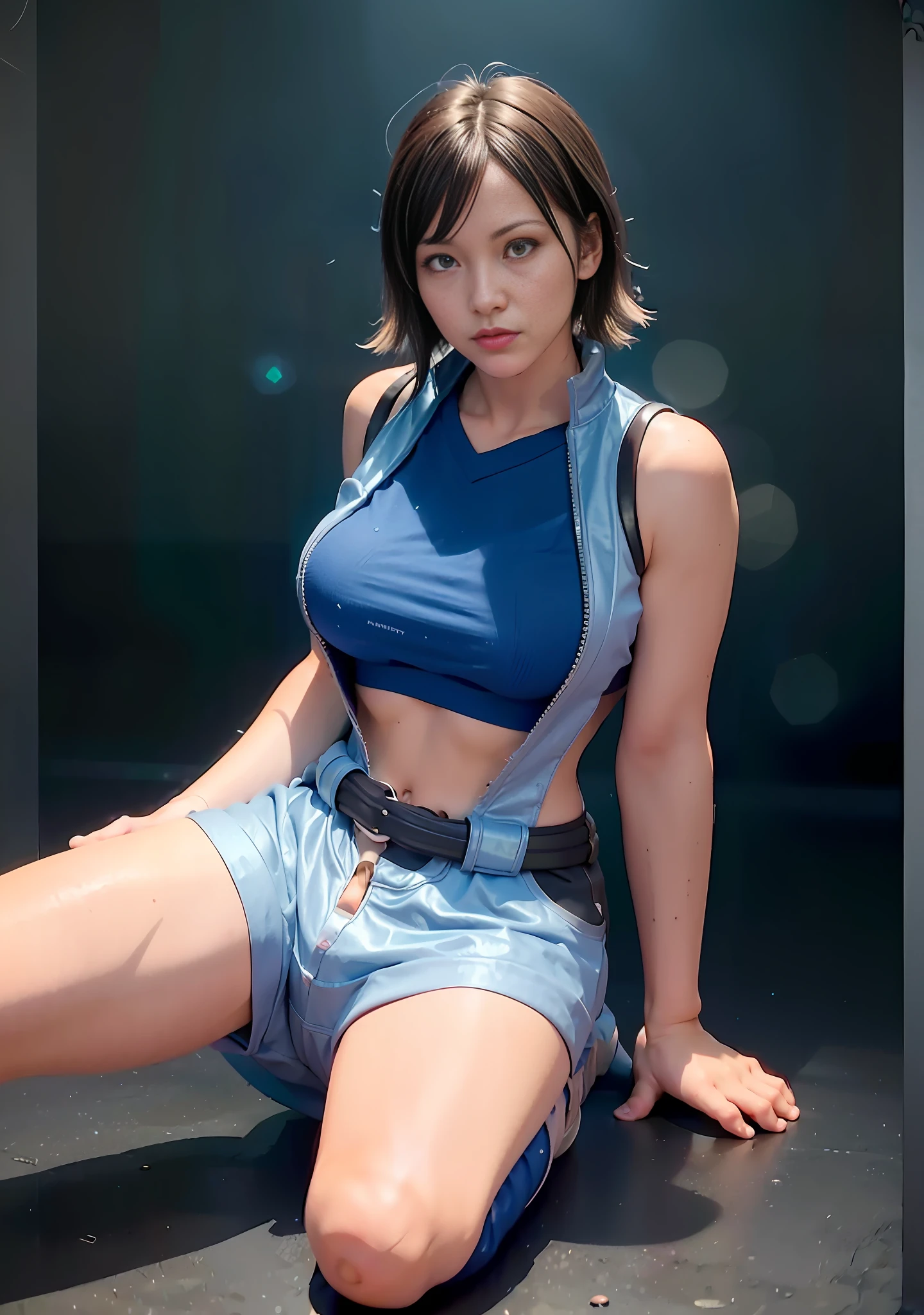 Masterpiece, top quality, official art, highly detailed CG Unity 8K wallpaper, like a schoolgirl, very delicate and beautiful, ultra high resolution, (photorealistic: 1.4), golden hour lighting, (upper body), (platinum shorthair: 0.8), (puffy eyes), looking at the viewer, facing the front, smiling, shirt lift long black hair, (dent on the skin), black eyes(female), 1 person, 25 years old, ((female))), solo, realistic, top quality, photorealistic, masterpiece, 8K, high resolution, solo, highly detailed face, (professional lighting, bokeh), (light particles, lens flares, glowing particles: 0.6), (dynamic pose: 1.2), soft lighting, angle view from below, fashionable and trendy atmosphere, Japan, street, Tokyo, city, ((daytime)), sky, wire cable, ((viewer: 1)), (looking at camera), (portrait: 0.6), cowboy shot, gorgeous, sitting with legs spread, keeping original facial proportions, wide shoulders, full body, (middle chest), (medium hair), brown hair, floating hair, lips, lipstick, seductive smile, floating hair, smile, open mouth, teeth, (white blouse) , (jumper skirt), eyelashes, ((Asuka Kazama, touches the soles of both feet on the floor, legs open left and right to show off the crotch)),((Front angle))))(Asuka Kazama, touches the floor, legs open to the left and right to show off the crotch)))),((Front angle, crotch muscle)))))), piledriver pose