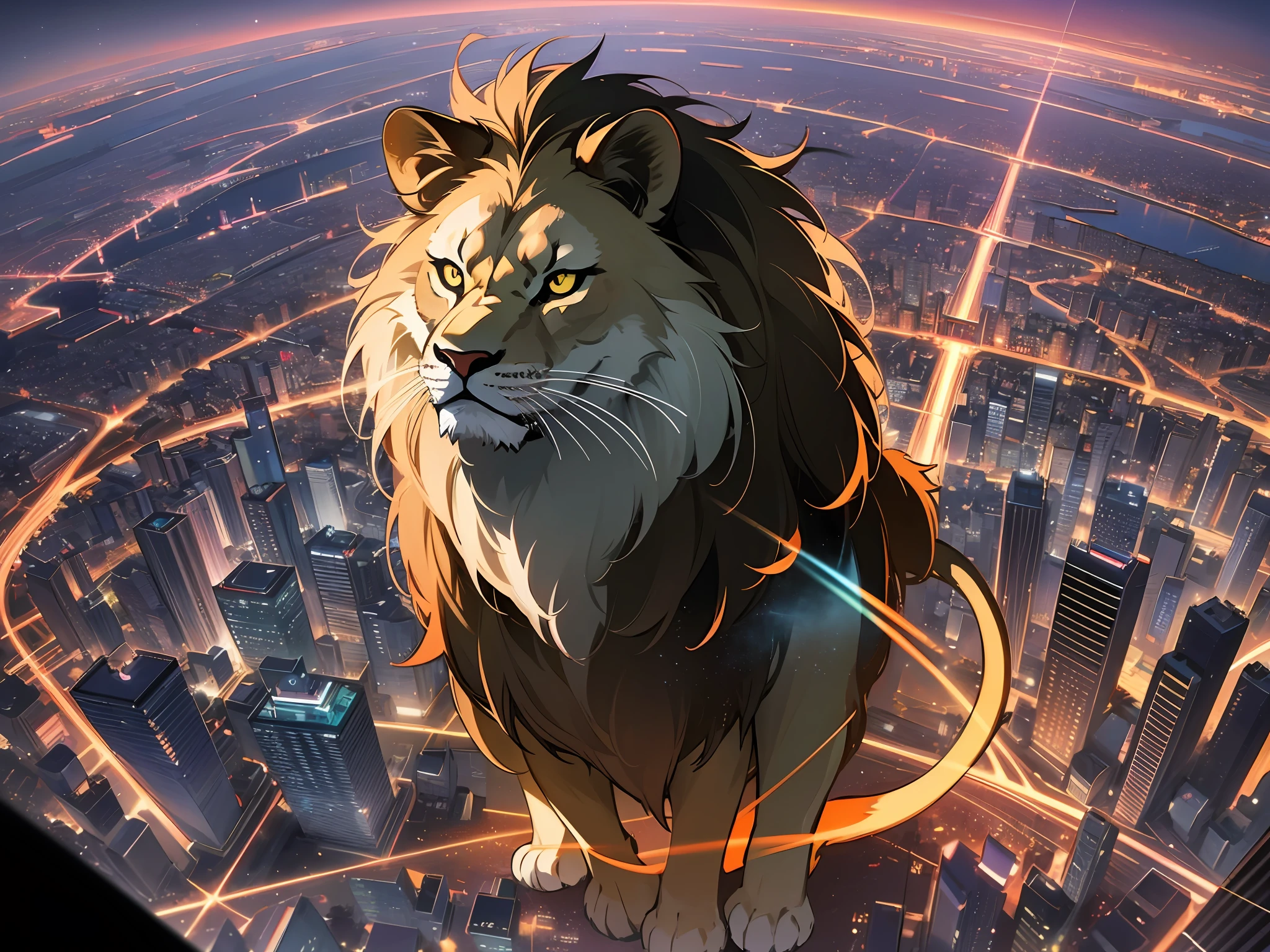 A stunning view of Tokyo at night, with a lion standing in the center of the cityscape, surrounded by a sea of vibrant lights. Rendered in 3D with realistic textures and vivid colors. --auto --s2