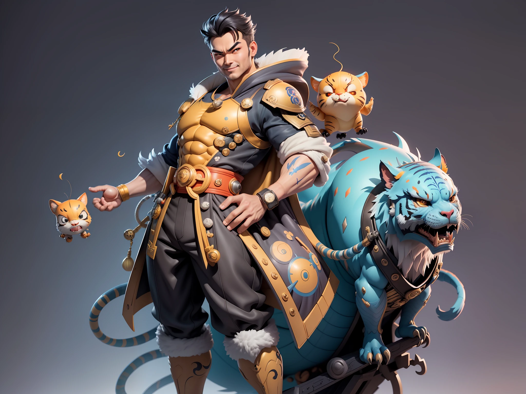 (Masterpiece), (Excellent), (Super Meticulous), (Full Body: 1.2), Super Young Man with Japanese Female Geisha, Beauty, Chinese Dragon, Tiger, Wind God Thor, Sexy, Bursting, Oriental Face, TV Anchor, Bust Portrait Illustration, Black Suit, Blue Tie, Slightly Chubby, Very Clean Face, No Beard, Black Super Short Hair, Black Eyes, Confident Smile, 3c Computer Sub-Products, iPad, iPhone, Digital Painting, 3D Character Design by Mark Claireden and Pixar and Hayao Miyazaki and Akira Toriyama, The illustration is a high-definition illustration in 4K resolution with very detailed facial features and cartoon-style visuals.