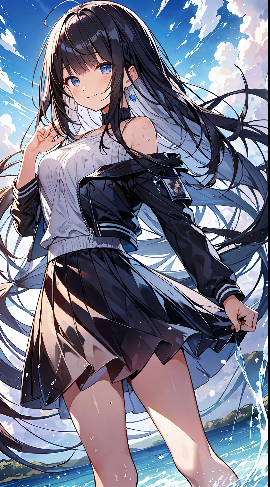 Top Quality, Masterpiece, Ultra High Definition, 8K, Summer Sky, Early Summer, (Flared Skirt, Jacket, Sneakers), Shojo Manga Style , One, Soft Line Art, Digital Enhancement, Shojo Manga Touch, Shoujo Manga Core, Flowing Fabric, Close Up, (Hair length to the shoulders and short braids)), Wet hair, Soft drawing, Beautiful black hair, Clear eyes, (( Teasing smile)), ultra-detailed digital anime art, clear face depiction, ultra-detailed shoujo manga character art, clear facial features, ultra-detailed manga style, top quality colors, hand gestures, landscape with nature, looking up at the sky, angle that can be seen up to the feet