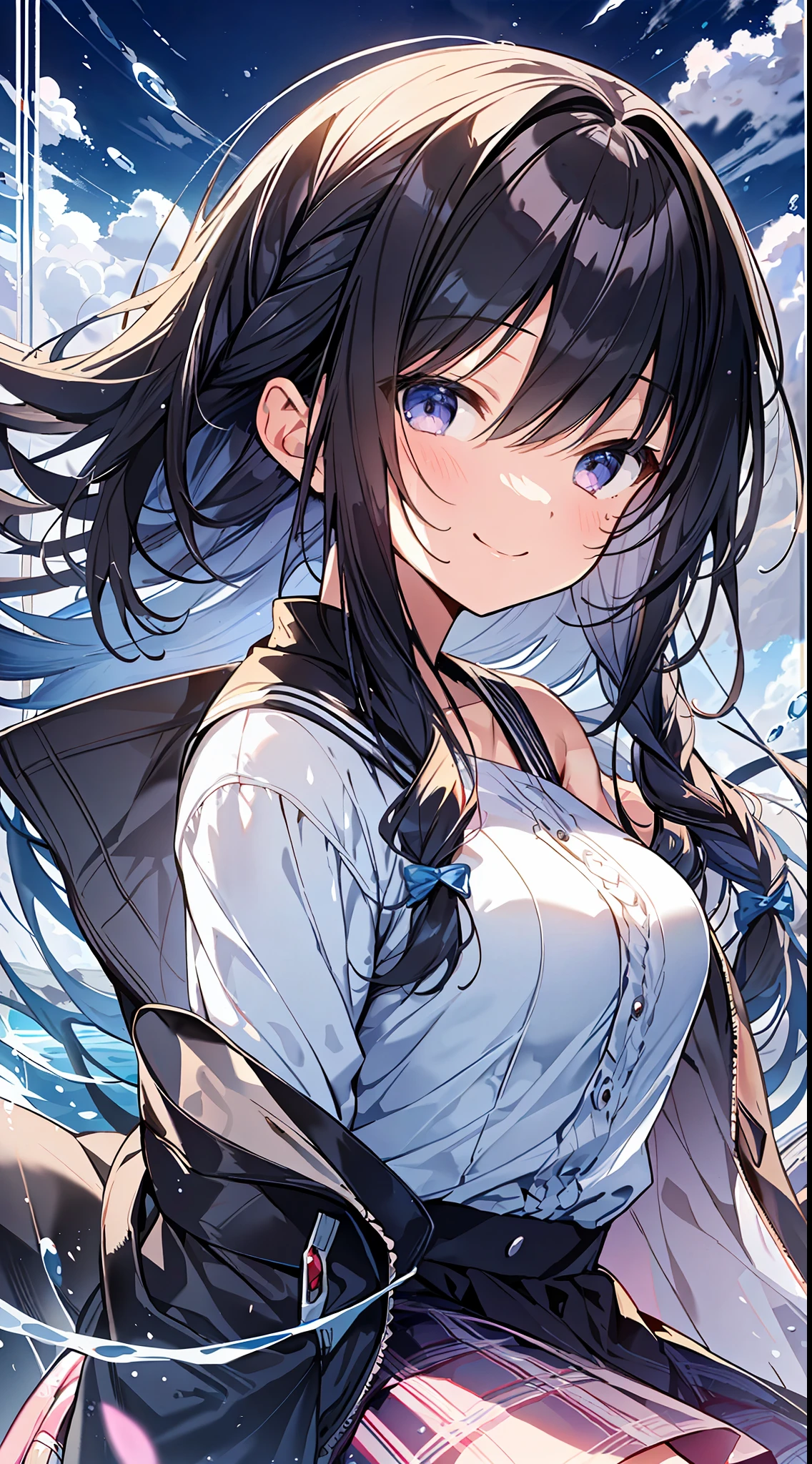 Top Quality, Masterpiece, Ultra High Definition, 8K, Summer Sky, Early Summer, (Flared Skirt, Jacket, Sneakers), Shojo Manga Style , One, Soft Line Art, Digital Enhancement, Shojo Manga Touch, Shoujo Manga Core, Flowing Fabric, Close Up, (Hair length to the shoulders and short braids)), Wet hair, Soft drawing, Beautiful black hair, Clear eyes, (( Teasing smile)), ultra-detailed digital anime art, clear face depiction, ultra-detailed shoujo manga character art, clear facial features, ultra-detailed manga style, top quality colors, hand gestures, landscape with nature, looking up at the sky, angle that can be seen up to the feet