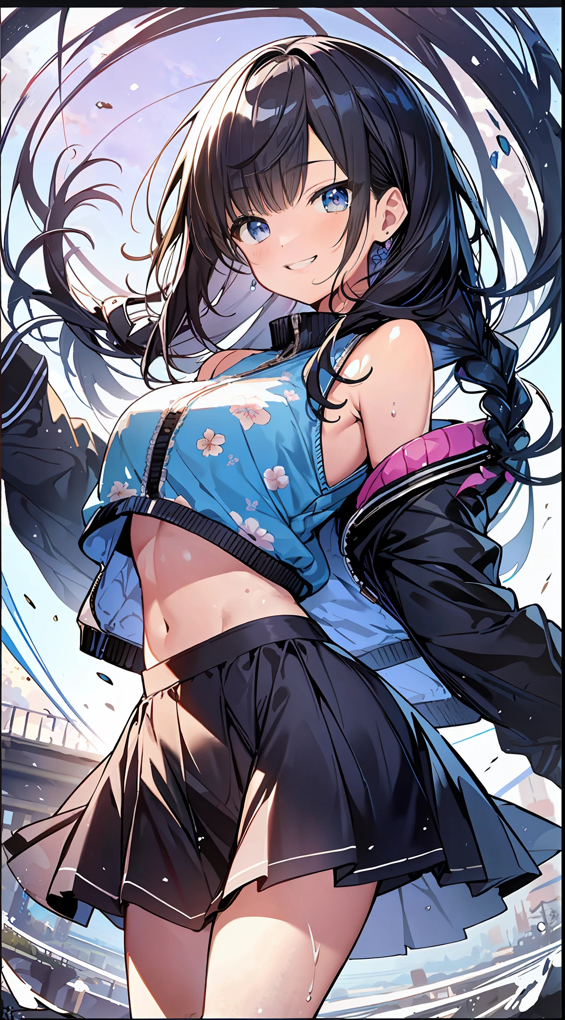 Top Quality, Masterpiece, Ultra High Definition, 8K, Summer Sky, Early Summer, (Flared Skirt, Jacket, Sneakers), Shojo Manga Style , One, Soft Line Art, Digital Enhancement, Shojo Manga Touch, Shoujo Manga Core, Flowing Fabric, Close Up, (Hair length to the shoulders and short braids)), Wet hair, Soft drawing, Beautiful black hair, Clear eyes, (( Teasing smile)), ultra-detailed digital anime art, clear face depiction, ultra-detailed shoujo manga character art, clear facial features, ultra-detailed manga style, top quality colors, hand gestures, landscape with nature, looking up at the sky, angle that can be seen up to the feet