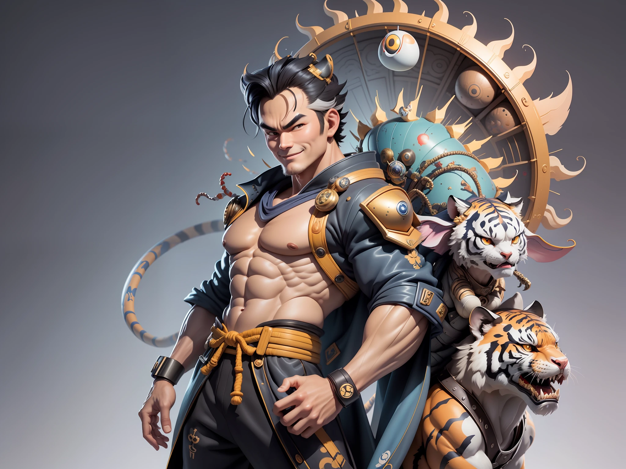 (Masterpiece), (Excellent), (Super Meticulous), (Full Body: 1.2), Super Young Man with Japanese Female Geisha, Beauty, Chinese Dragon, Tiger, Wind God Thor, Sexy, Bursting, Oriental Face, TV Anchor, Bust Portrait Illustration, Black Suit, Blue Tie, Slightly Chubby, Very Clean Face, No Beard, Black Super Short Hair, Black Eyes, Confident Smile, 3c Computer Sub-Products, iPad, iPhone, Digital Painting, 3D Character Design by Mark Claireden and Pixar and Hayao Miyazaki and Akira Toriyama, The illustration is a high-definition illustration in 4K resolution with very detailed facial features and cartoon-style visuals.