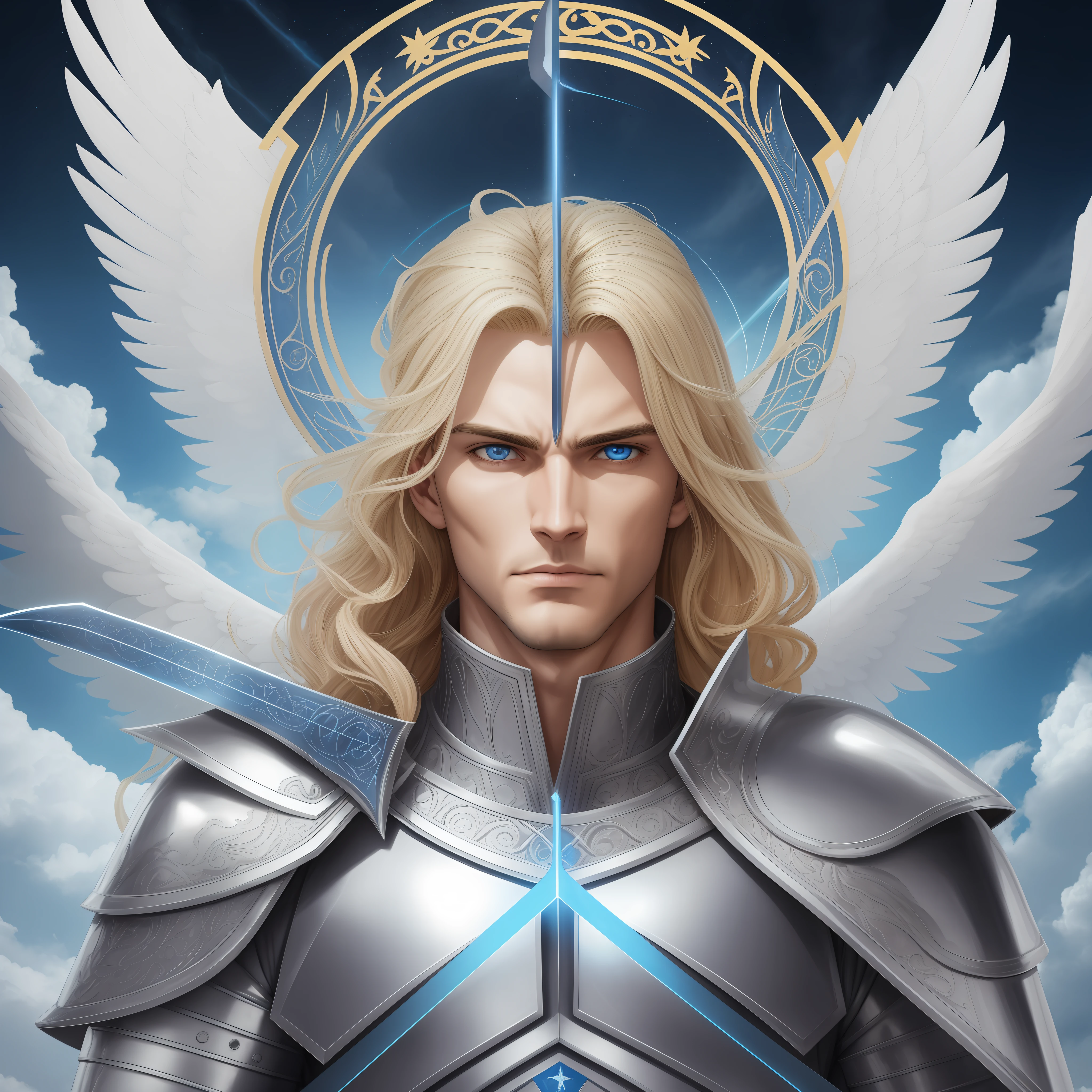 realístico, rosto humano, homem, rosto másculo, forte, Archangel Michael, 29 years old, blond, blue eyes, celestial sword, sky blue clothing, in the sky with white clouds --auto --s2