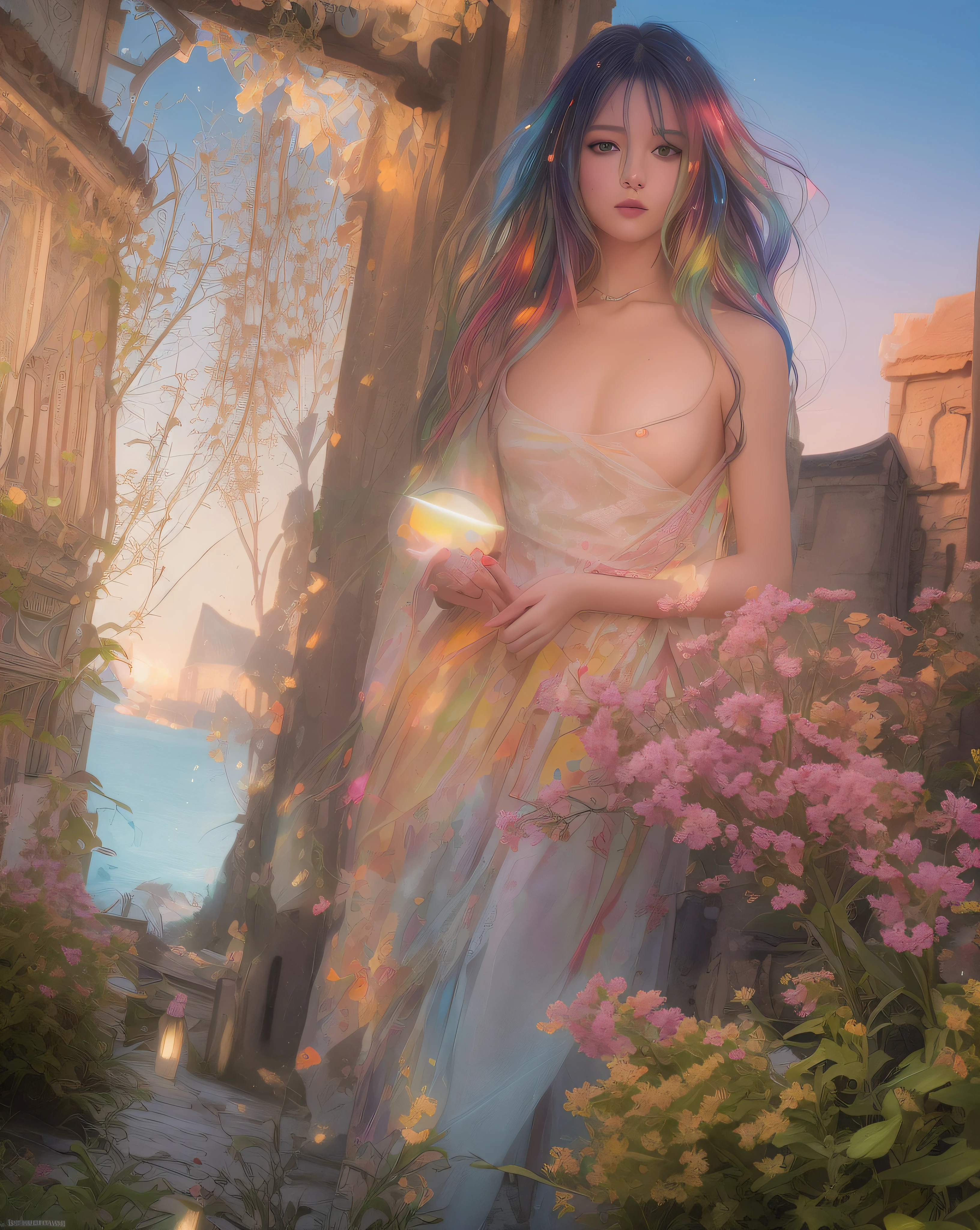 (8k, RAW photo: 1.2), highest quality, ultra high resolution, dramatic angle, (fine color splashes flutter), (illustration), (1 girl)))), (long hair), (rain: 0.9), (hair ornament: 1.4), there is an ancient palace next to the girl, no clothes, (focus), color ink painting, (color splash), colorful splash, ((colorful))), ( Sketch: 0.8), masterpiece, best quality, beautifully painted, highly detailed, (denoise: 0.6), [splash ink], (ink refraction)), (beautiful detailed sky), moon, highly detailed, (masterpiece, best quality, highly detailed) CG Unity 8k wallpaper, masterpiece, top quality, super detail), (Lycoris radiata),