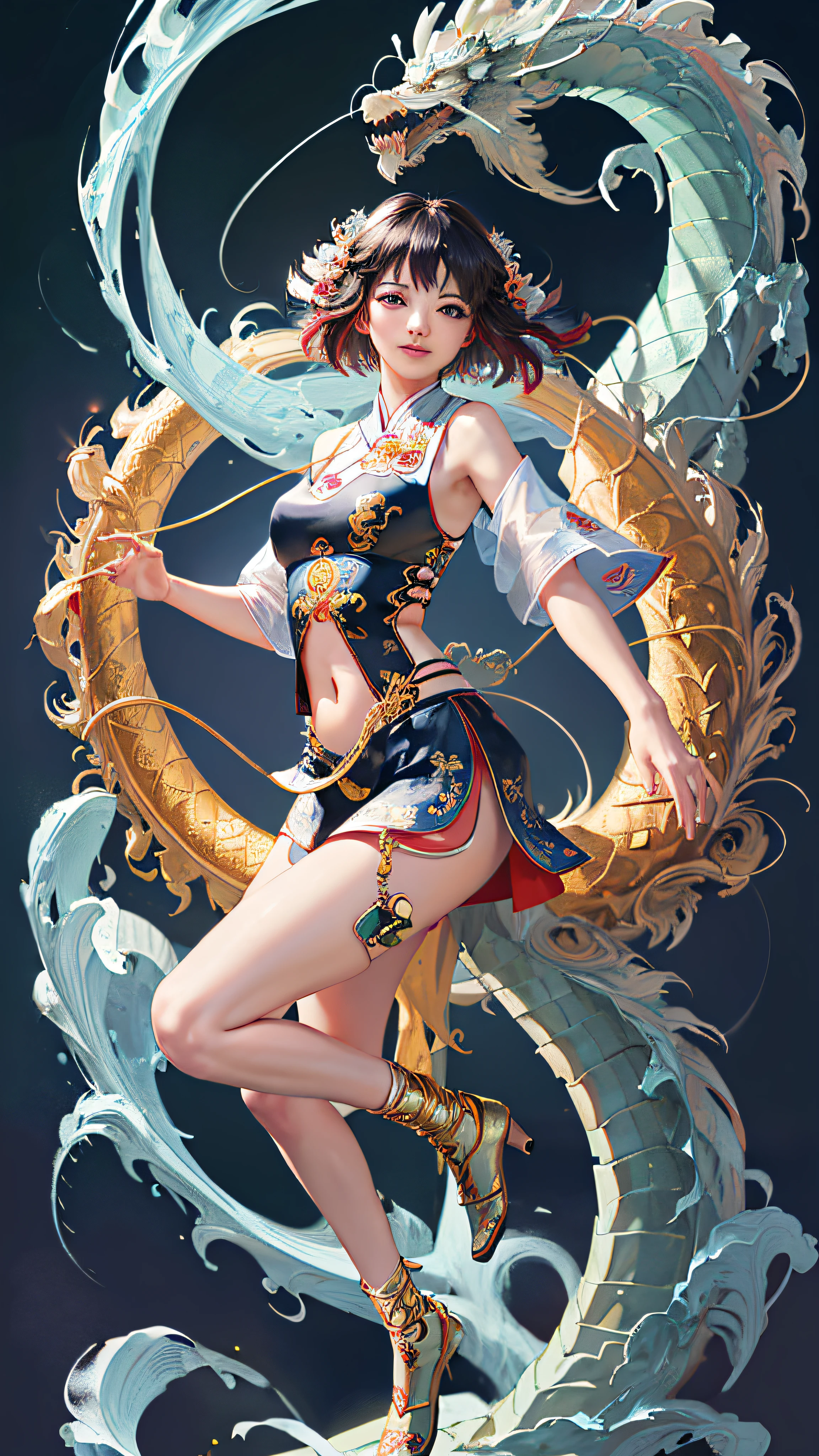 Official Art, Unified 8K Wallpapers, Ultra Detailed, Beautiful and Aesthetic, Masterpiece, Best Quality, (Zentangle, Tangle, Entangle), (fractal art: 1.4), 1girl, black hair, Chinese, bare shoulders, short skirt, calf, navel, very detailed, dynamic angle, cowboyshot, (most beautiful form chaos), flowing, (bright colors), oc, (half: 1.2), china, (thangka flying sky: 1.5), (ribbon: 1.3), (dream: 1.5), (hanfu: 1.5), Chinese dragon, Chinese phoenix, (smile: 0.5), (Chinese deity),