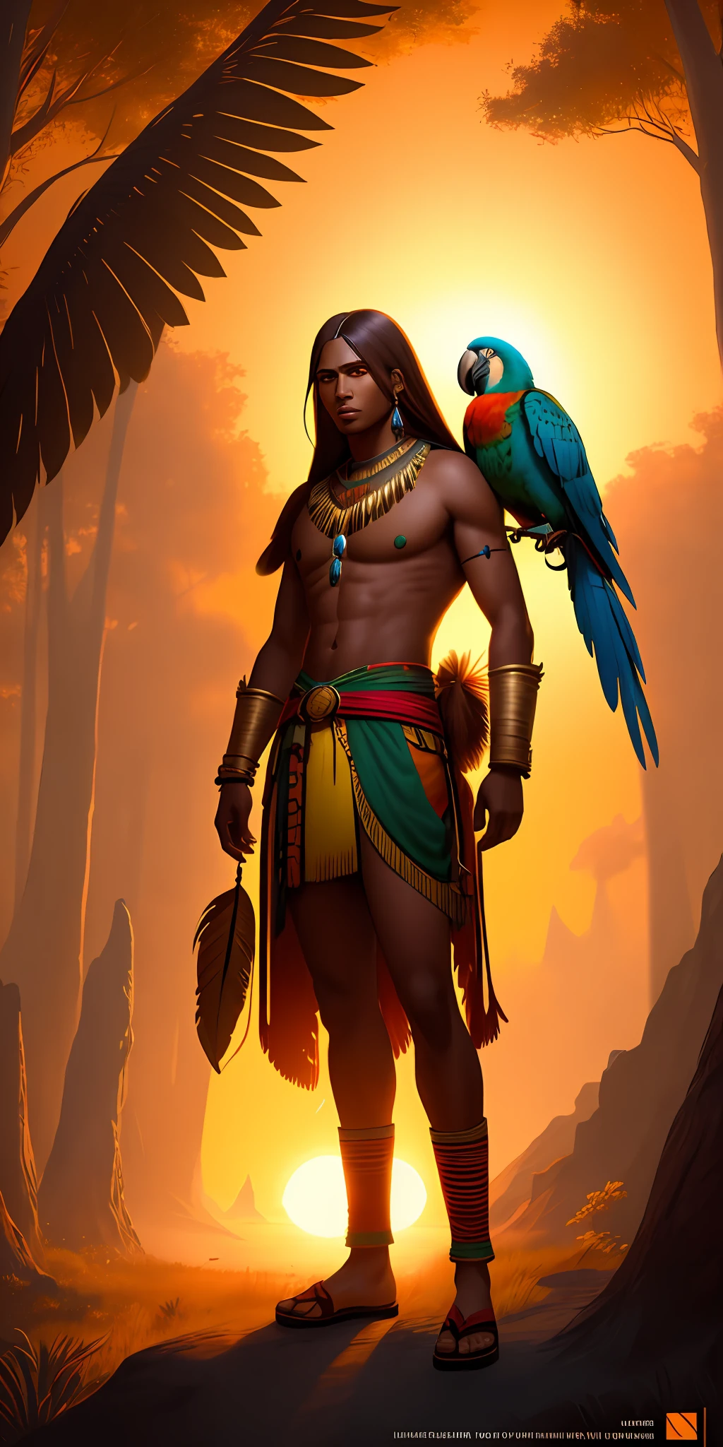 Humanoid character, brown skin, straight hair, Tupi Guarani amulets, parrot macaw wings, and human body, tall body and covered with feathers, sunset forest scenery, bright colors, 8k quality, cinematic focus, trend in artstation