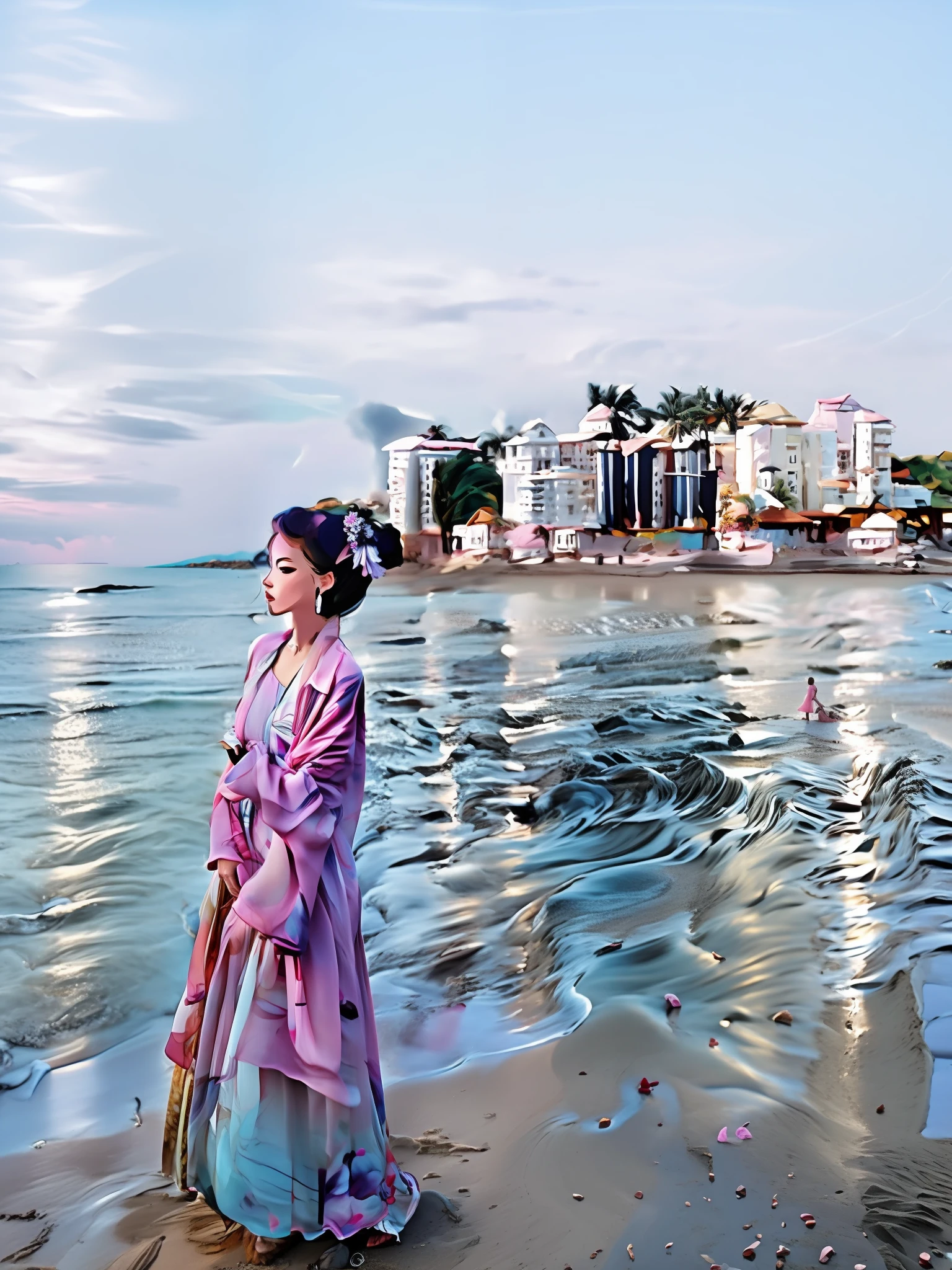 woman in pink dress walking on beach with city in background, posing on a beach with the ocean, standing near the beach, standing beside the ocean, standing at the beach, full body photogenic shot, the ocean in the background, in a beachfront environment, posing on the beach, at beach at sunset, looking out at a pink ocean, taken at golden hour
