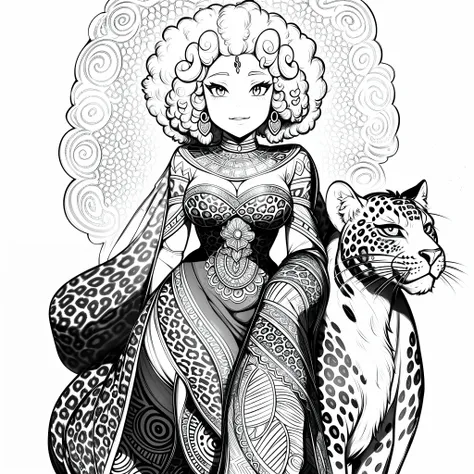 (outline drawing of an african princess (curly afro hair) with a leopard at her side), full body, lineart only, outlines, perfec...