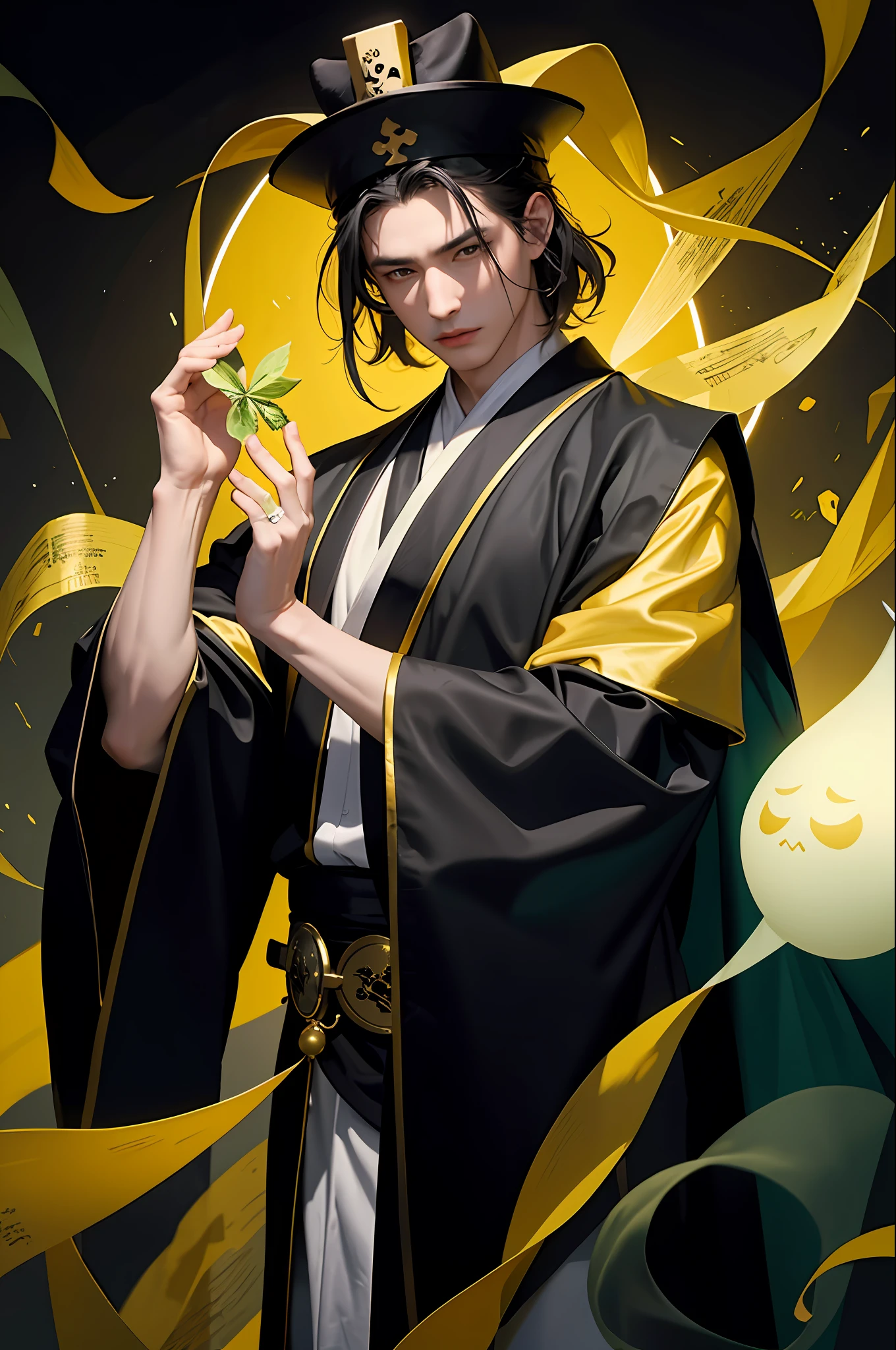 Excellent, masterpiece, high resolution, absolutely beautiful, no dew point, a man, black hair, yellow Taoist robe, Taoist hat, hands folded, holding talisman paper, dark background, weird background, background multiple green ghosts, ghost background