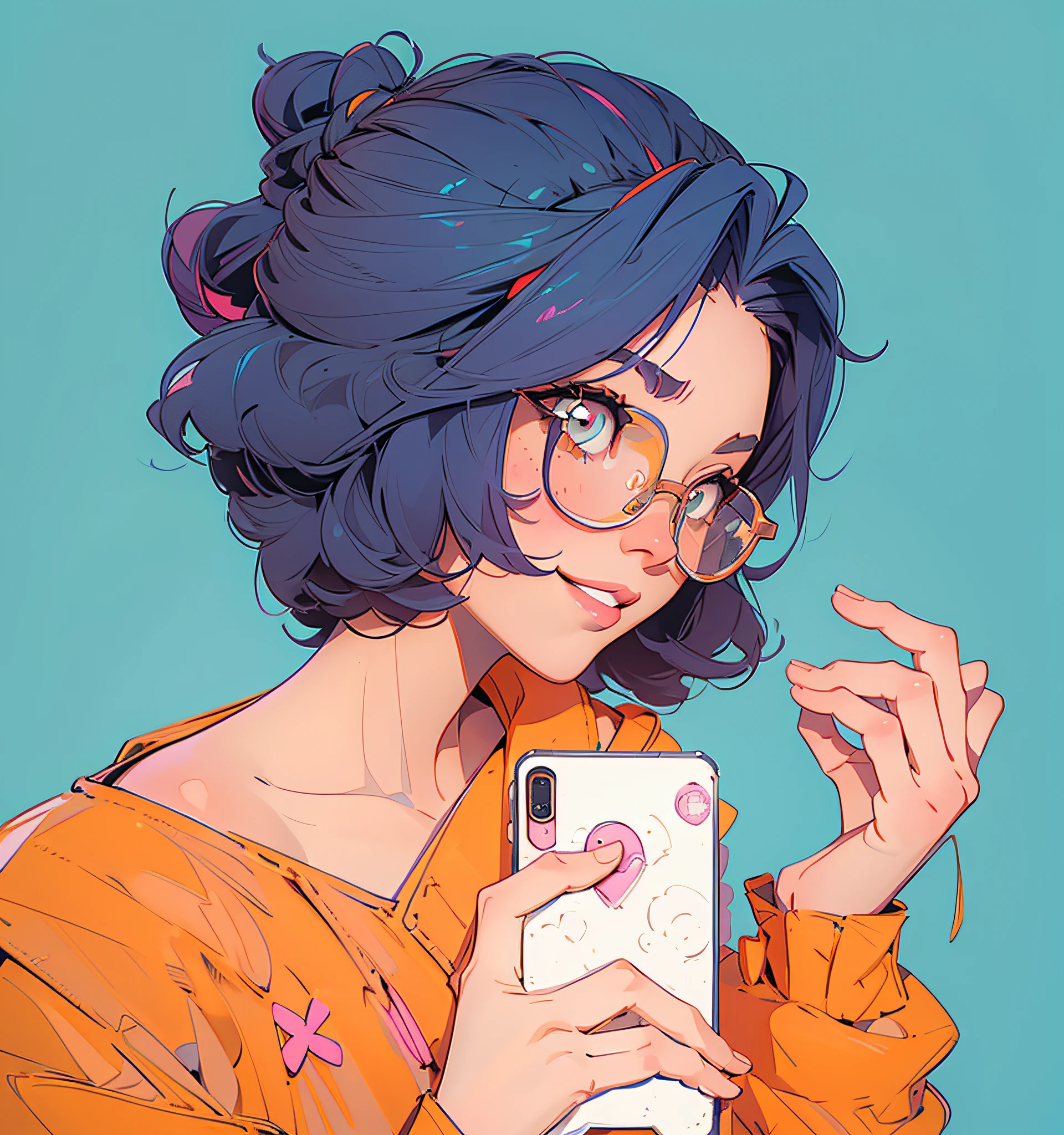 masterpiece, 1girl, looking at viewer, beautiful eyes, 3d face, lustrous skin, close-up, (straight on:1.2), face focus, (arms behind back:1.2), simple background, solo, smile, face, upper body, braid, headband, pink hair,golden eyes, open coat, blue coat, bangs, orange glasses