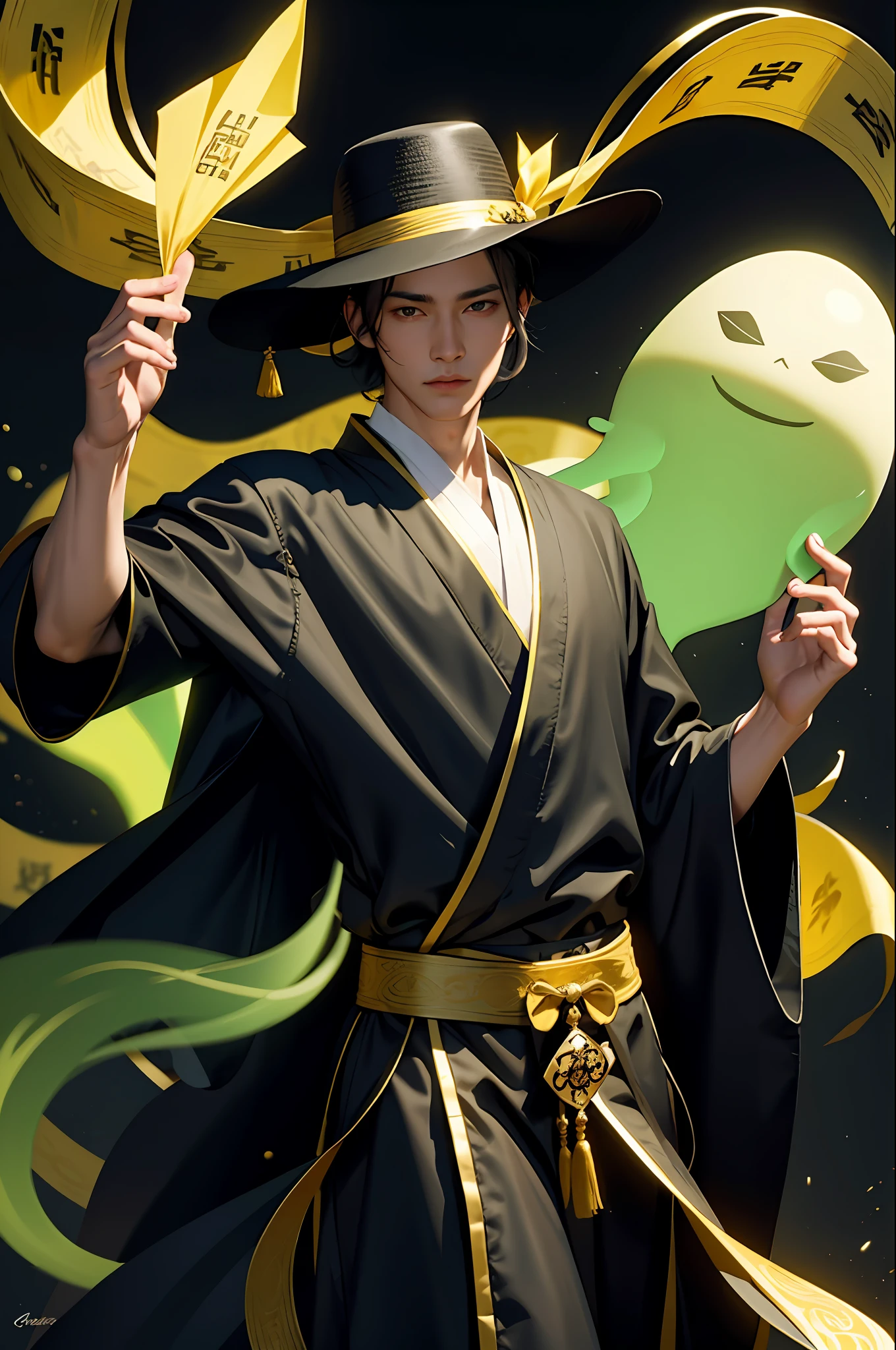 Excellent, masterpiece, high resolution, absolutely beautiful, no dew point, a man, black hair, yellow Taoist robe, Taoist hat, hands folded, holding talisman paper, dark background, weird background, background multiple green ghosts, ghost background