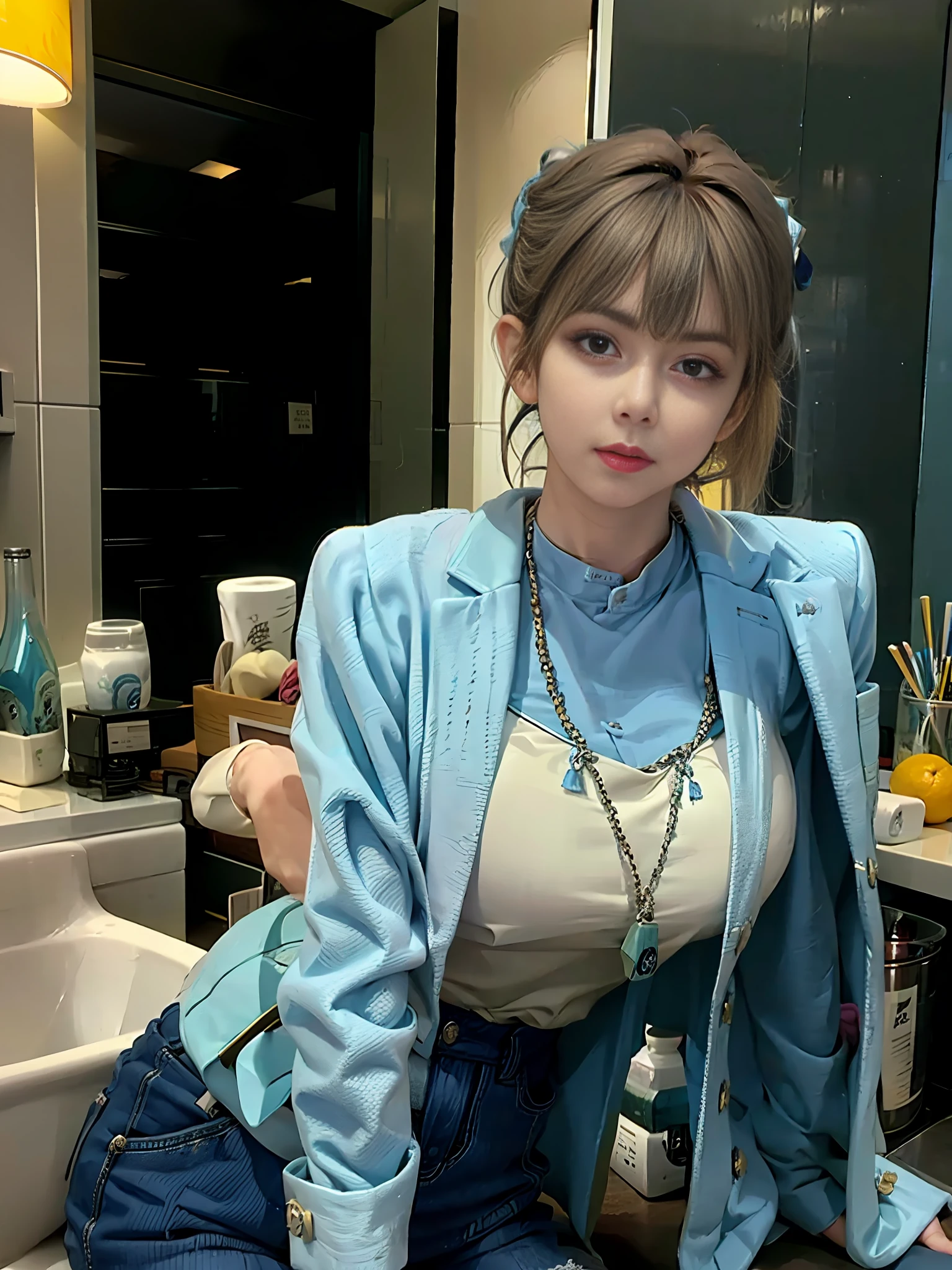 Woman leaning against counter, pale light blue Chanel collarless jacket, Mayumi Wakamura, adult woman, sexual expression, loptin and matcha, tsuyu from the second degree, drink, 🍸🍋