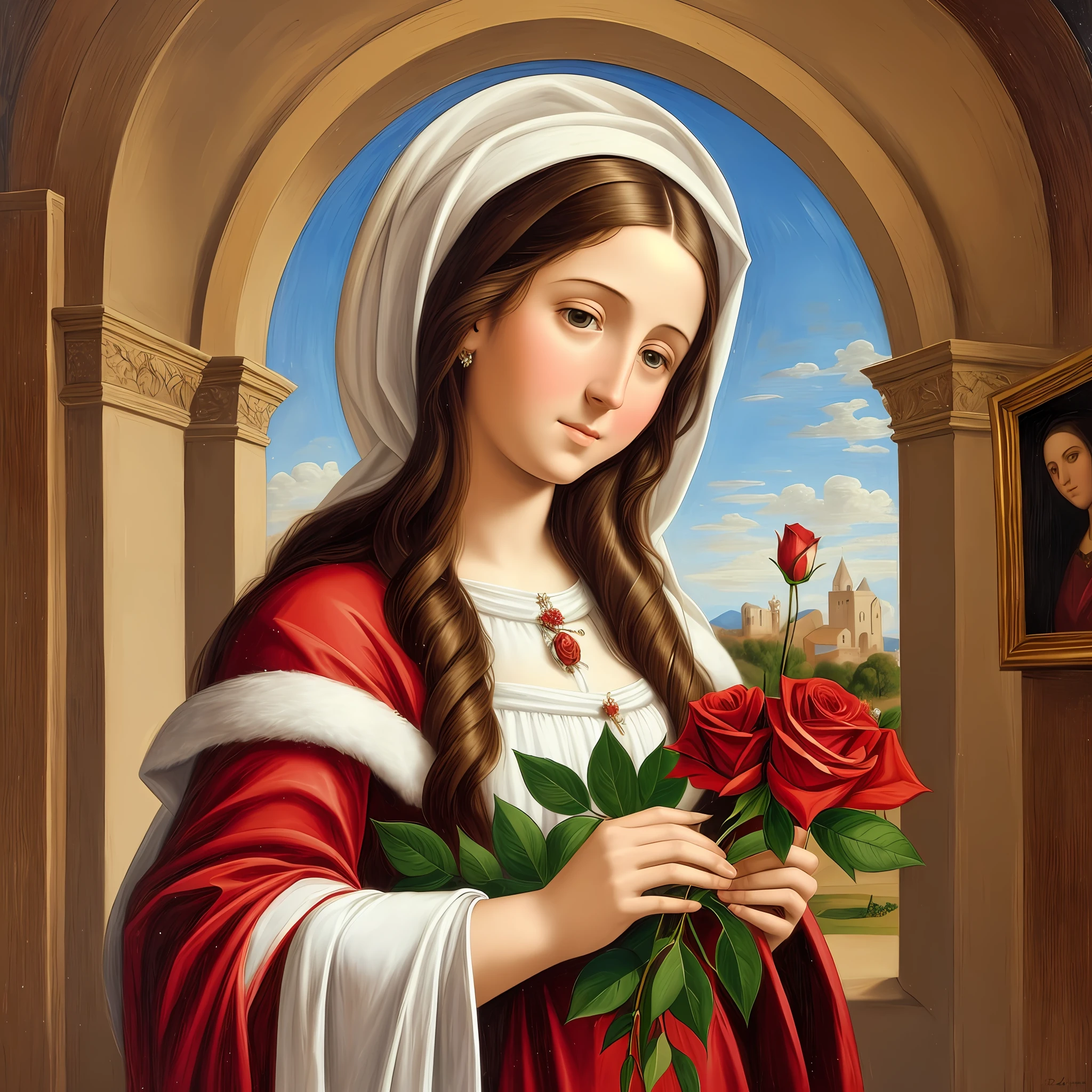 santa, rosto arredondado a painting of the virgin mary holding a rose in her right hand and looking over her left shoulder --auto --s2