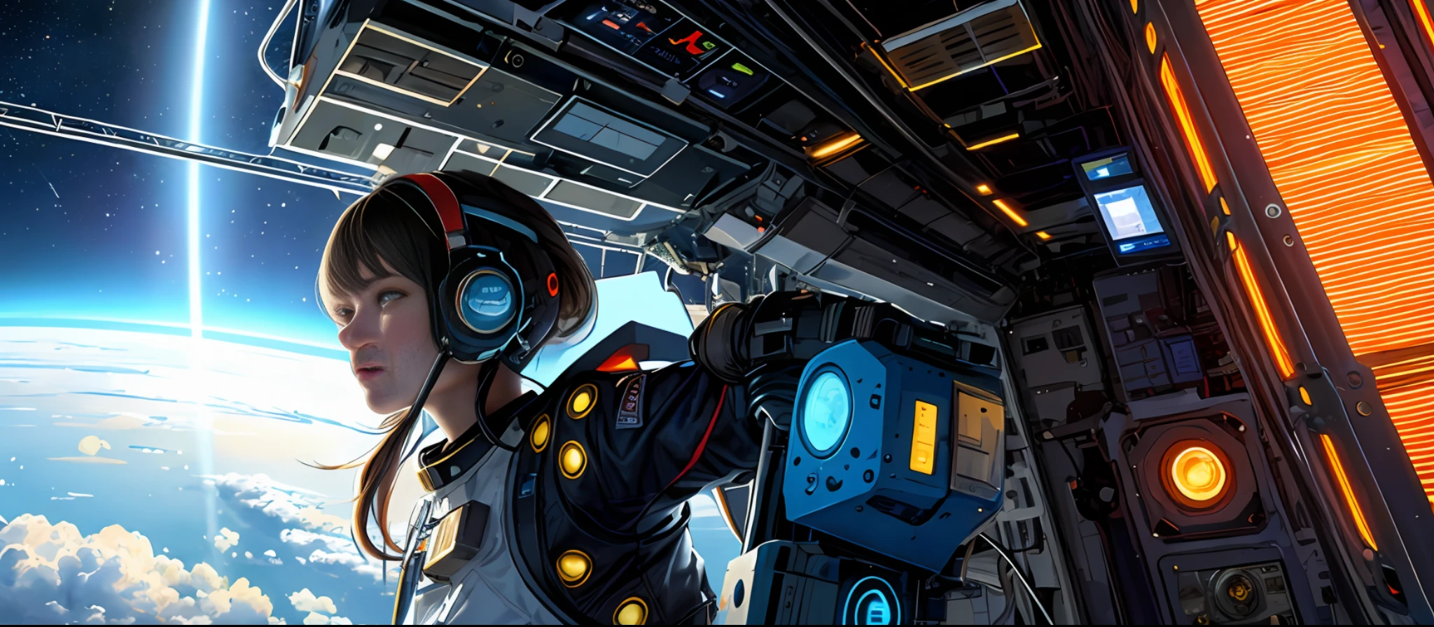 (Masterpiece, Top Quality, Best Quality, Extreme Detail, Supreme Detail, Official Art, Beauty and Aesthetics: 1.2), Colorful, Cowboy Shot, Beautiful Face, Solo, Perfect Body, Beautiful Eyes, 1 Girl, In Space, Spacecraft, Spacesuit, Indoors, (Wire and Cable: 1.1), (Science Fiction: 1.2), Portholes, (Space in Illuminator: 1.1), Stars, Edge Light, Cyberpunk