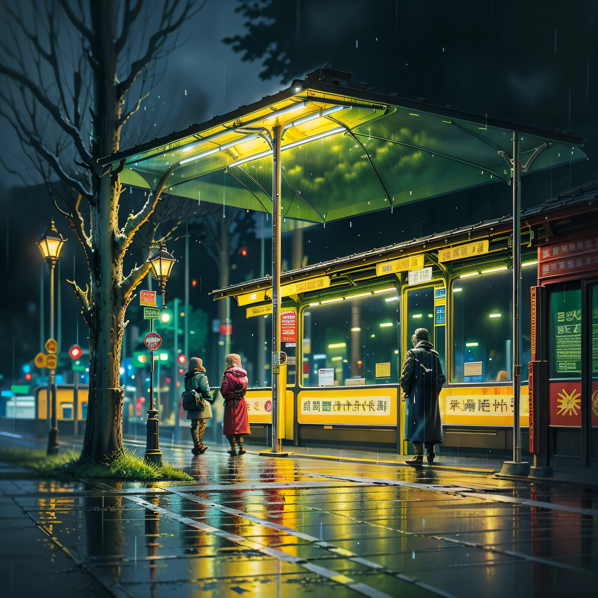 The bus stop is the main body, accounting for a large proportion, next to street lamps, dark yellow light, trees, rainy days, there are wolf orcs in the bus station umbrella, the umbrella is transparent plastic material, the whole uses oil painting