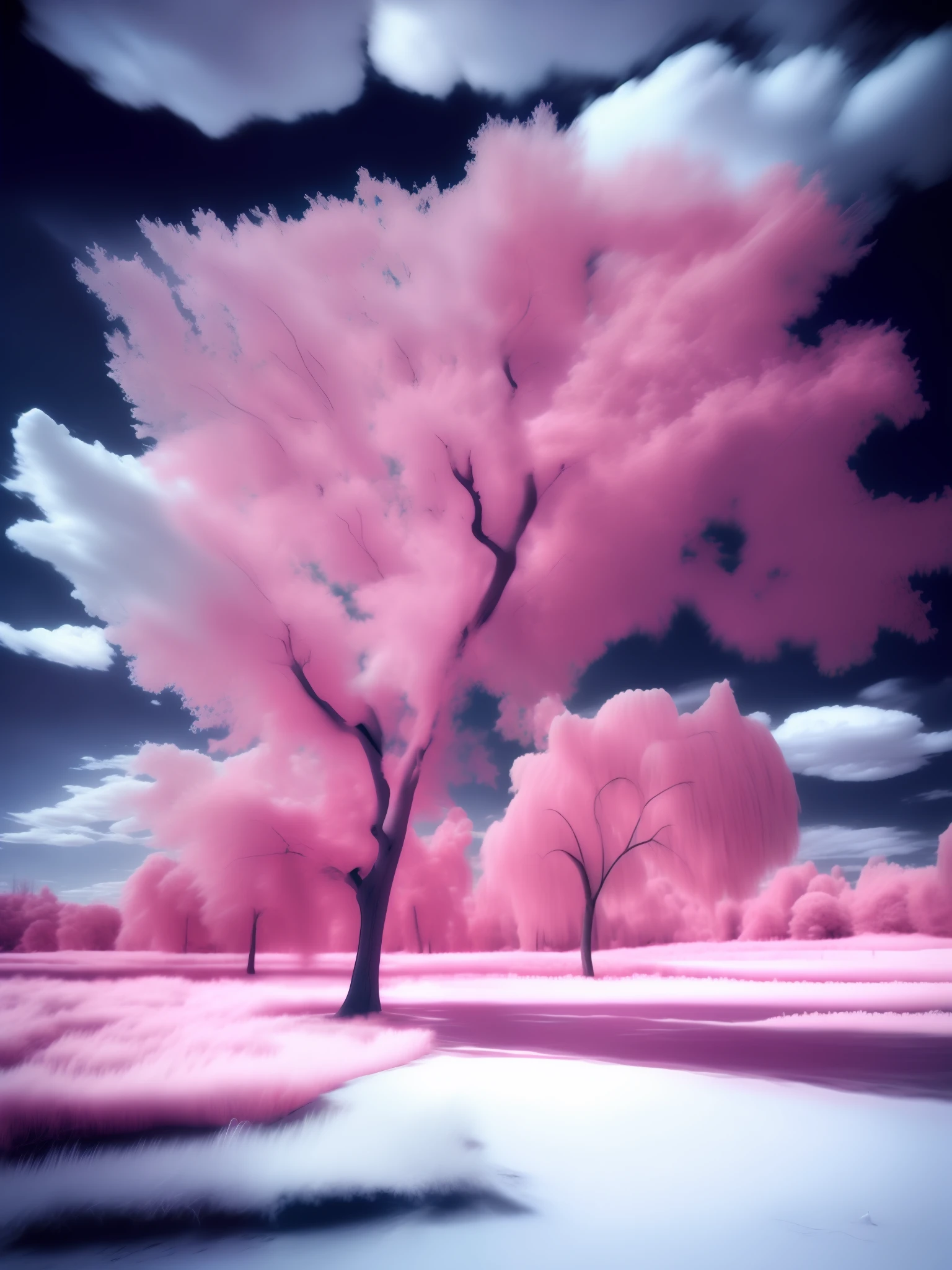 beautiful infrared landscape with trees and clouds