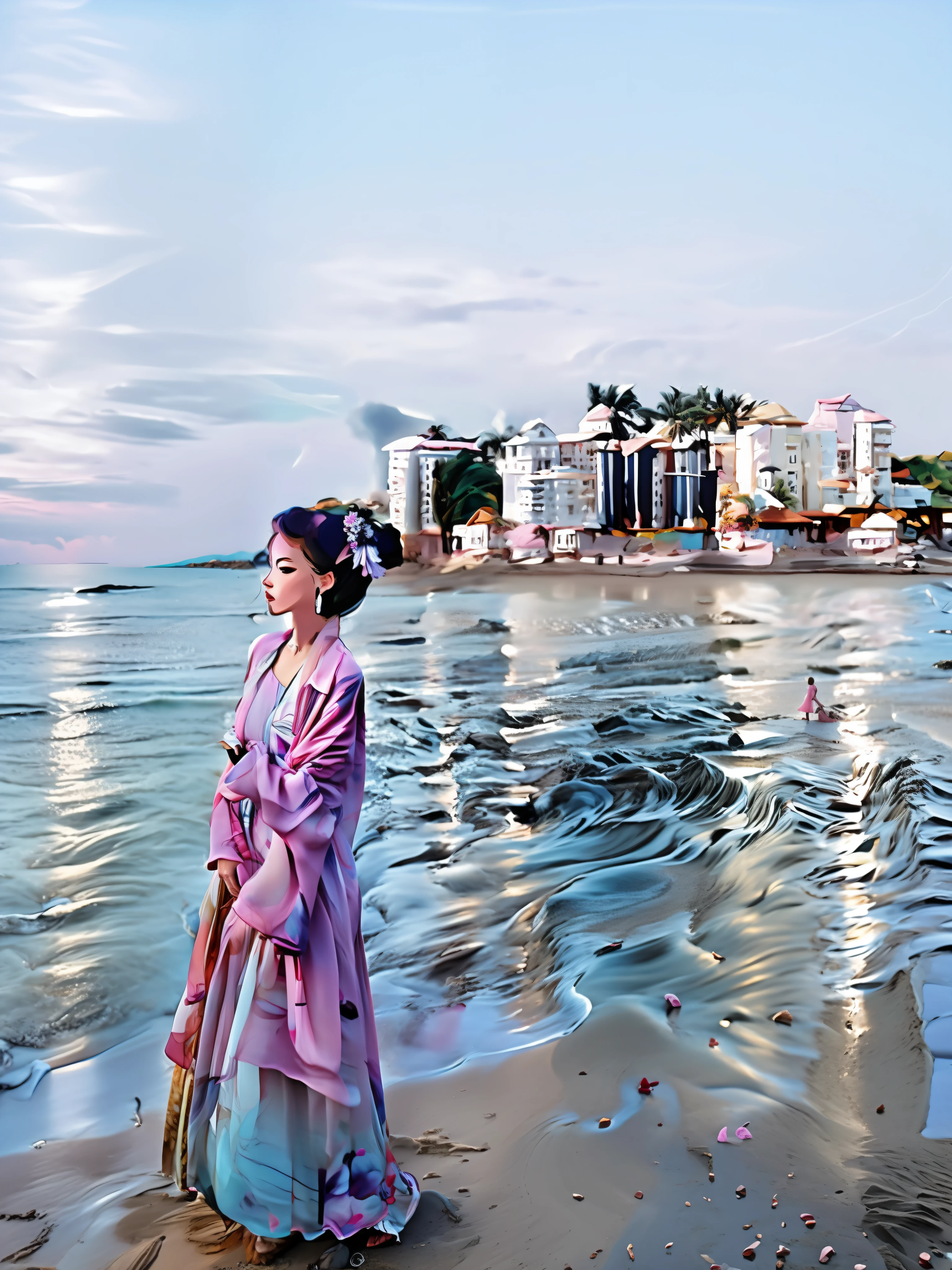 woman in pink dress walking on beach with city in background, posing on a beach with the ocean, standing near the beach, standing beside the ocean, standing at the beach, full body photogenic shot, the ocean in the background, in a beachfront environment, posing on the beach, at beach at sunset, looking out at a pink ocean, taken at golden hour