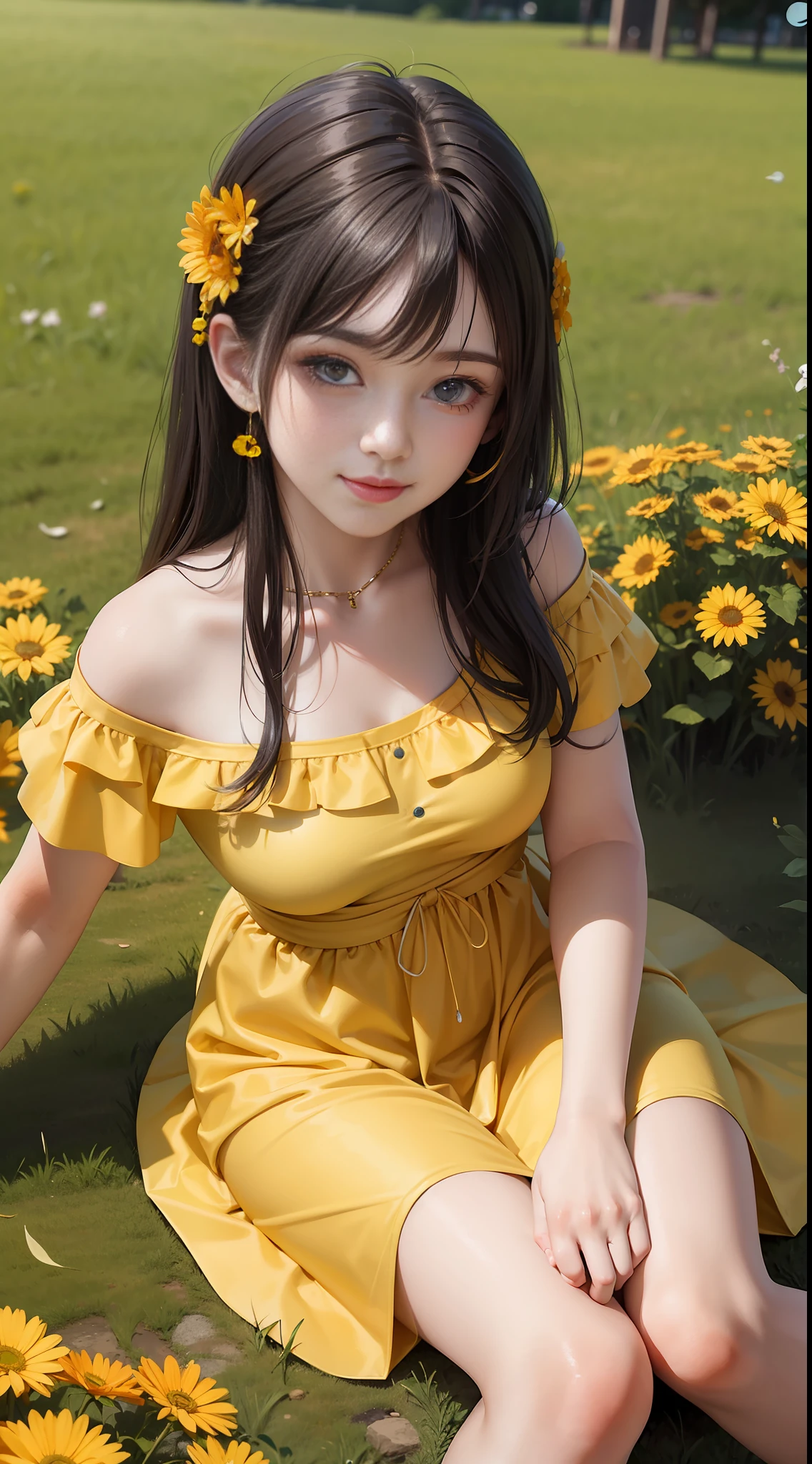 UHD, depth of field, first-person perspective, brunette hair, smile, anime, sitting on the campus meadow, wearing a long yellow dress with multicolored flowers around it