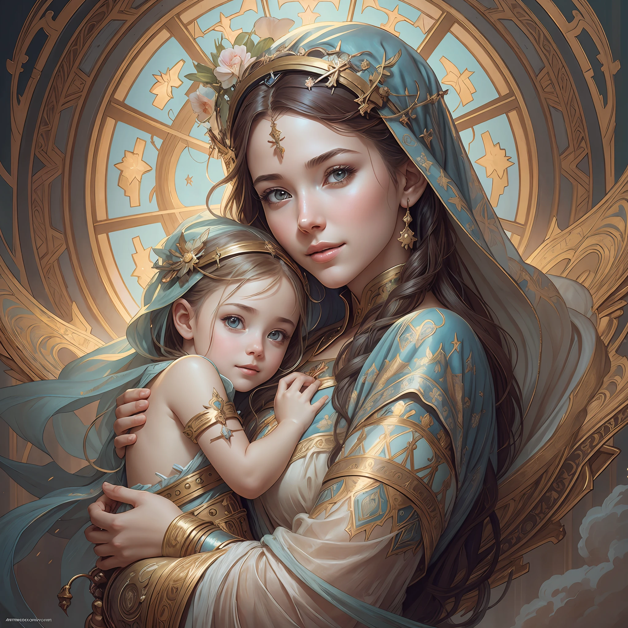 masterpiece, woman and , holy virgin mary with littlin her arms, ((halo over head)), smiling, heavenly sky, half body, ((divine light)), ethereal, clouds, back lighting, realistic portrait, symmetrical, strong, intricate drawing, highly detailed, digital painting, art station, concept art, fluid, sharp focus, illustration, against heaven's gate, cinematic lighting, works by artgerm and greg rutkowski and alphonse mucha --auto --s2