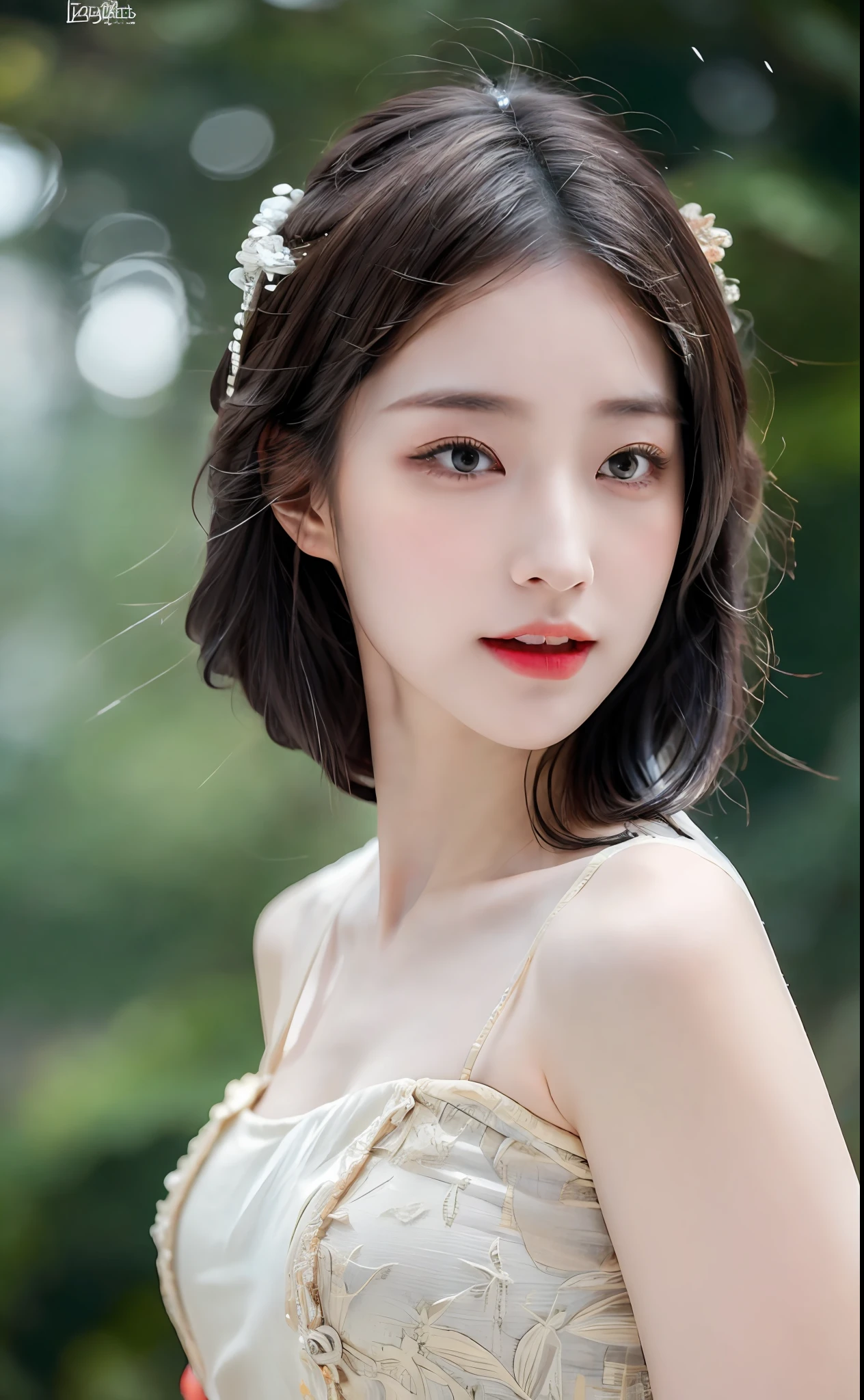 ((Best Quality, 8k, Masterpiece: 1.3)), Focus: 1.2, Perfect Body Beauty: 1.4, Buttocks: 1.2, ((Layered Haircut)), (Wet Clothes: 1.1), (Rain, Street:1.3), (Breasts: 1.2), (Hanfu: 1.2), Bare Shoulders, Bare Legs, Highly Detailed Face and Skin Texture, Fine Eyes, Double Eyelids, Whitened Skin, Long Hair, (Shut Up: 1.5), (Bokeh Background: 1.5), Big Breasts