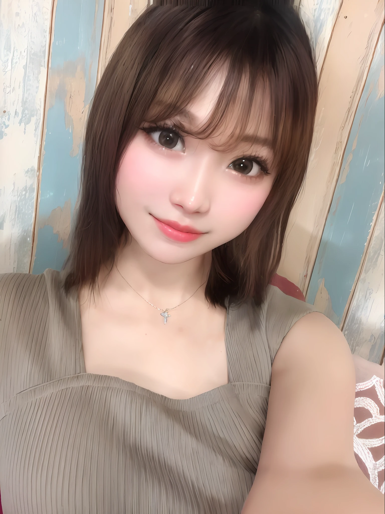 arafed woman with a necklace and a necklace on her neck, 奈良美智, ulzzang, young cute wan asian face, girl cute-fine-face, with short hair, sakimichan, sakimi chan, light make up, light makeup, chiho, korean girl, popular korean makeup