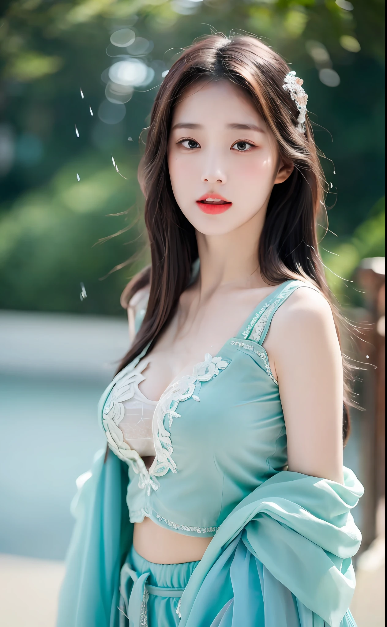 ((Best Quality, 8k, Masterpiece: 1.3)), Focus: 1.2, Perfect Body Beauty: 1.4, Buttocks: 1.2, ((Layered Haircut)), (Wet Clothes: 1.1), (Rain, Street:1.3), (Breasts: 1.2), (Hanfu: 1.2), Bare Shoulders, Bare Legs, Highly Detailed Face and Skin Texture, Fine Eyes, Double Eyelids, Whitened Skin, Long Hair, (Shut Up: 1.5), (Bokeh Background: 1.5), Big Breasts