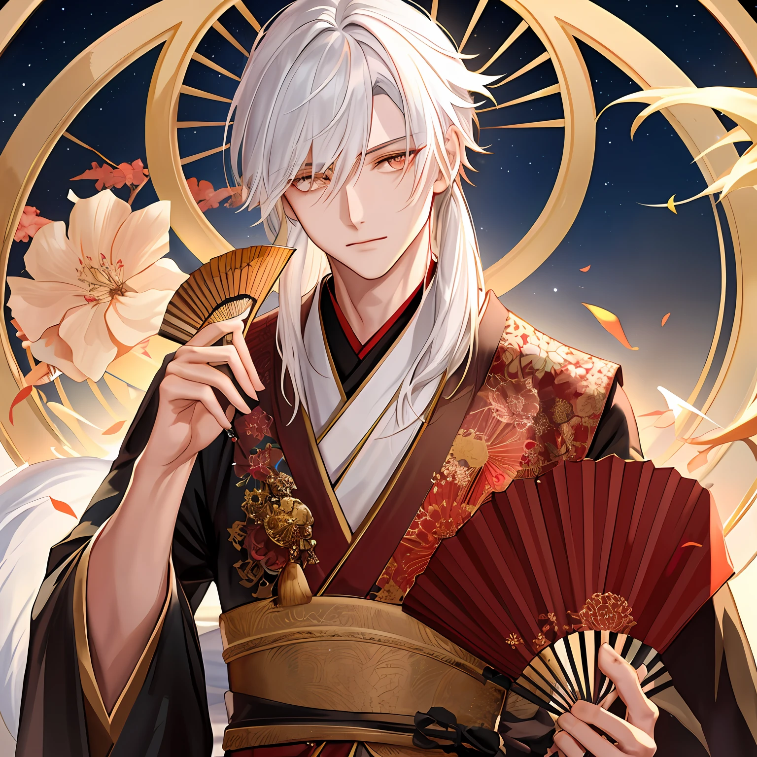 (((1boy))), ((toned)), male focus, masterpiece, high quality, (masterpiece:1.2), (best quality:1.2), shiny skin, realistic, gorgeous, intricate, white wolf ears, ((white hair)), (long hair), golden eyes, scars on face, bangs, hair between eyes, hair stick, fox_boy, japanese_clothes, jewelry, solo, pointy_ears, hair_bun, hair_ornament, hair_pin, holding_fan, paper_fan, elegant, looking_at_viewer, holding_fan, red eyeliner, FH, starry sky background, Sirius, peach blossom eyes, handsome, chinoiserie