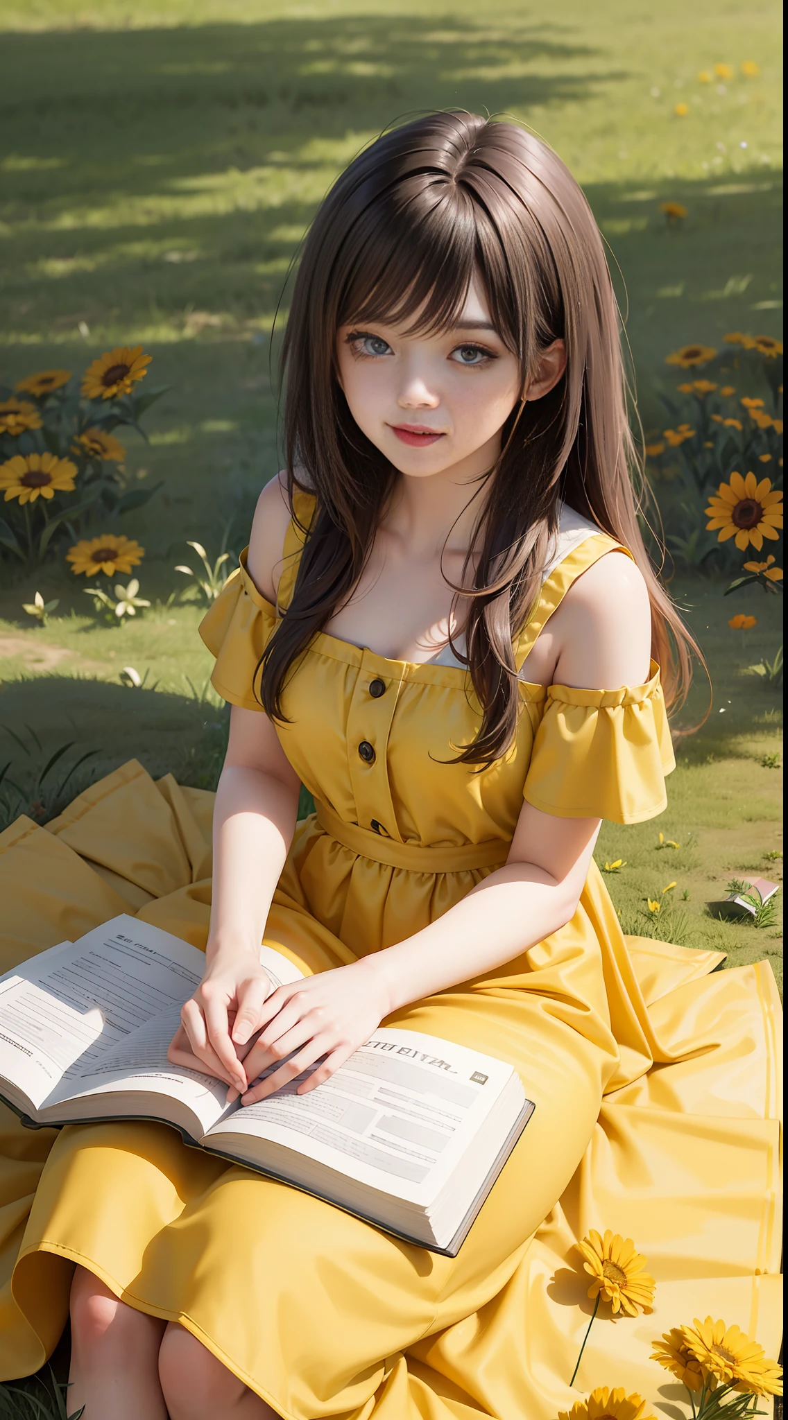 UHD, depth of field, sideways, brunette hair, smile, anime, sitting on the campus meadow, wearing a long yellow dress with colorful flowers around it, holding a book in his hand