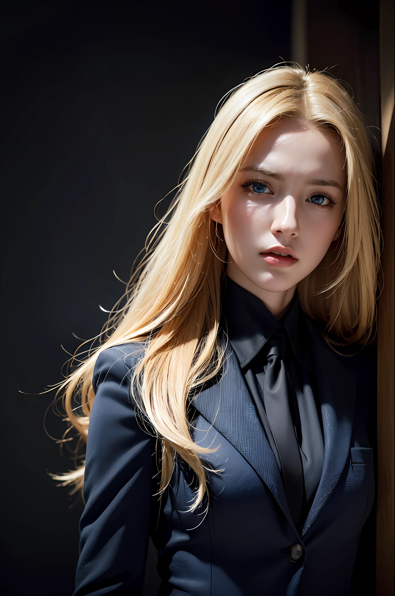 Best quality, masterpiece, ultra high res, (photorealistic:1.4), raw photo, 1girl, blonde hair, blue eyes, detailed eyes and face, black suit, dynamic lighting, in the dark, deep shadow, low key, cowboy shot full-lenght body