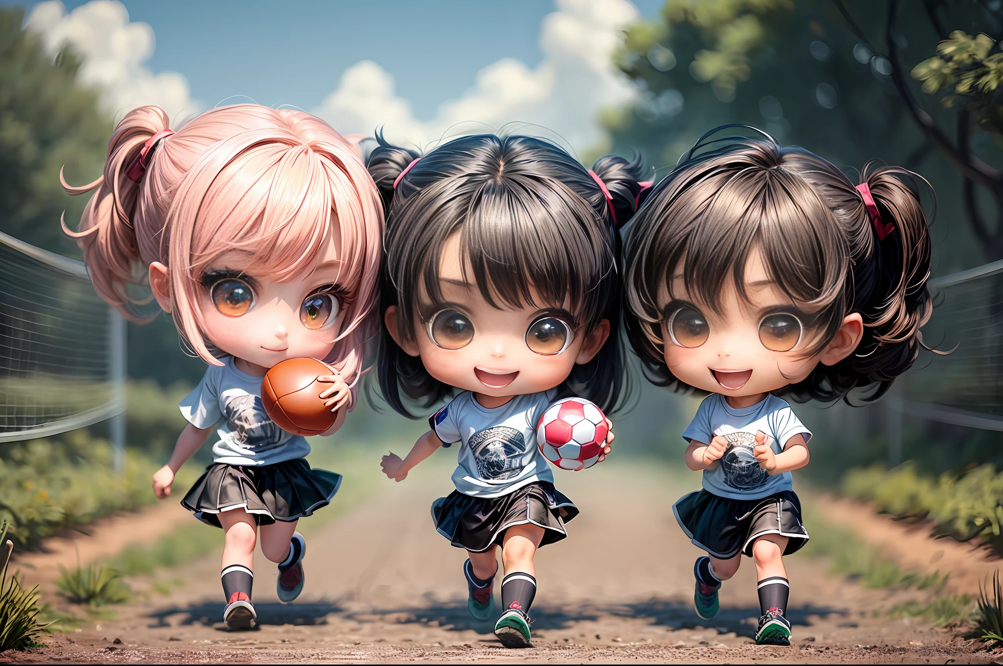 (masterpiece),(best quality),(ultra-detailed),(full body:1.2), chibi, cute, smile, 2boys of and 2girls of 8yoroublemaker, play together, ((run and kick the ball and play)).