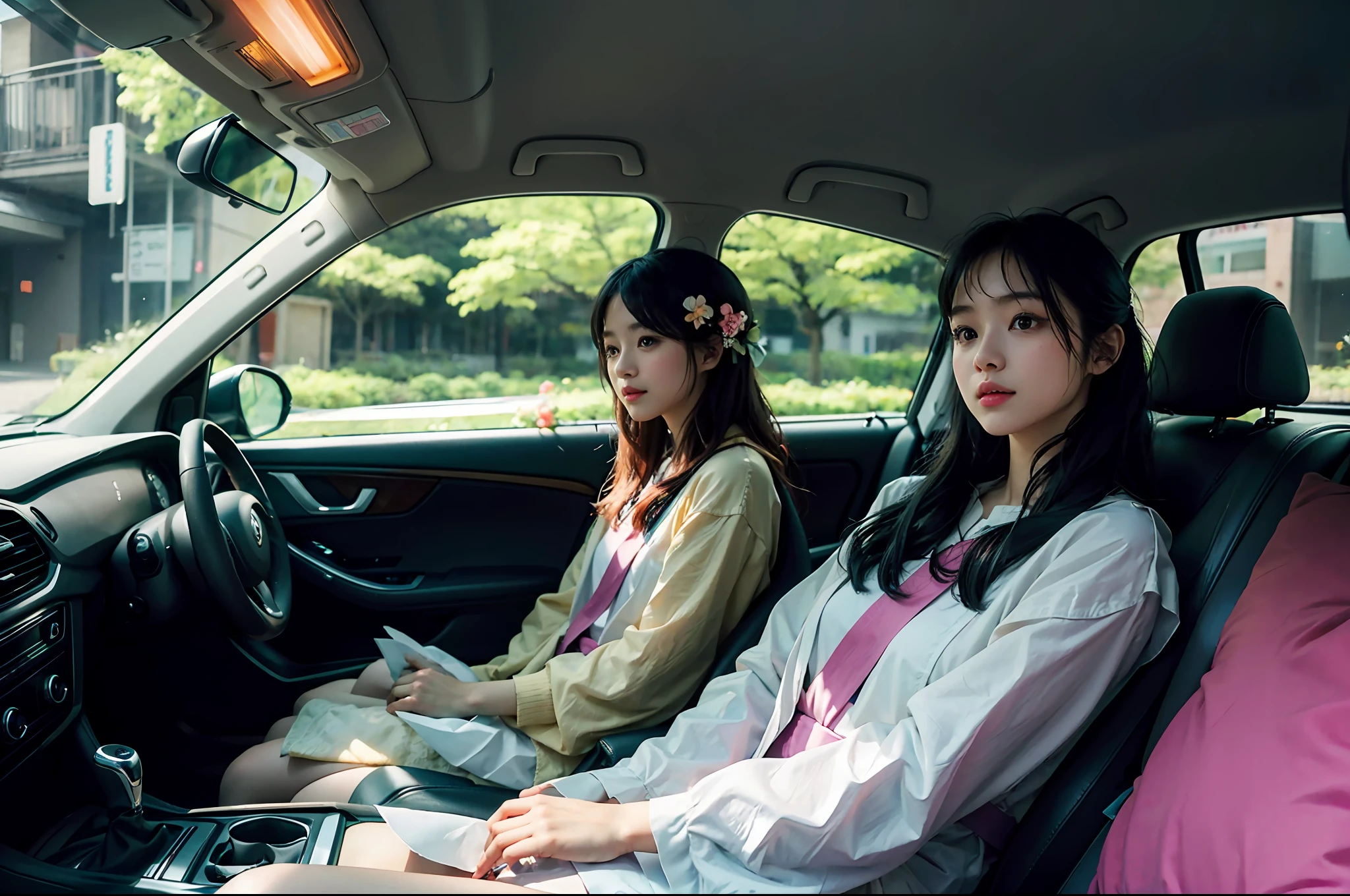 The girl fills the car with flowers, the art of Hitoko Kawauchi, natural pose, youthful energy and pressure, body stretching, super detail, fantastic high photography. Colorful. Indoor scene, shot on XT4 film --s 750 --q 2 --v 5.1