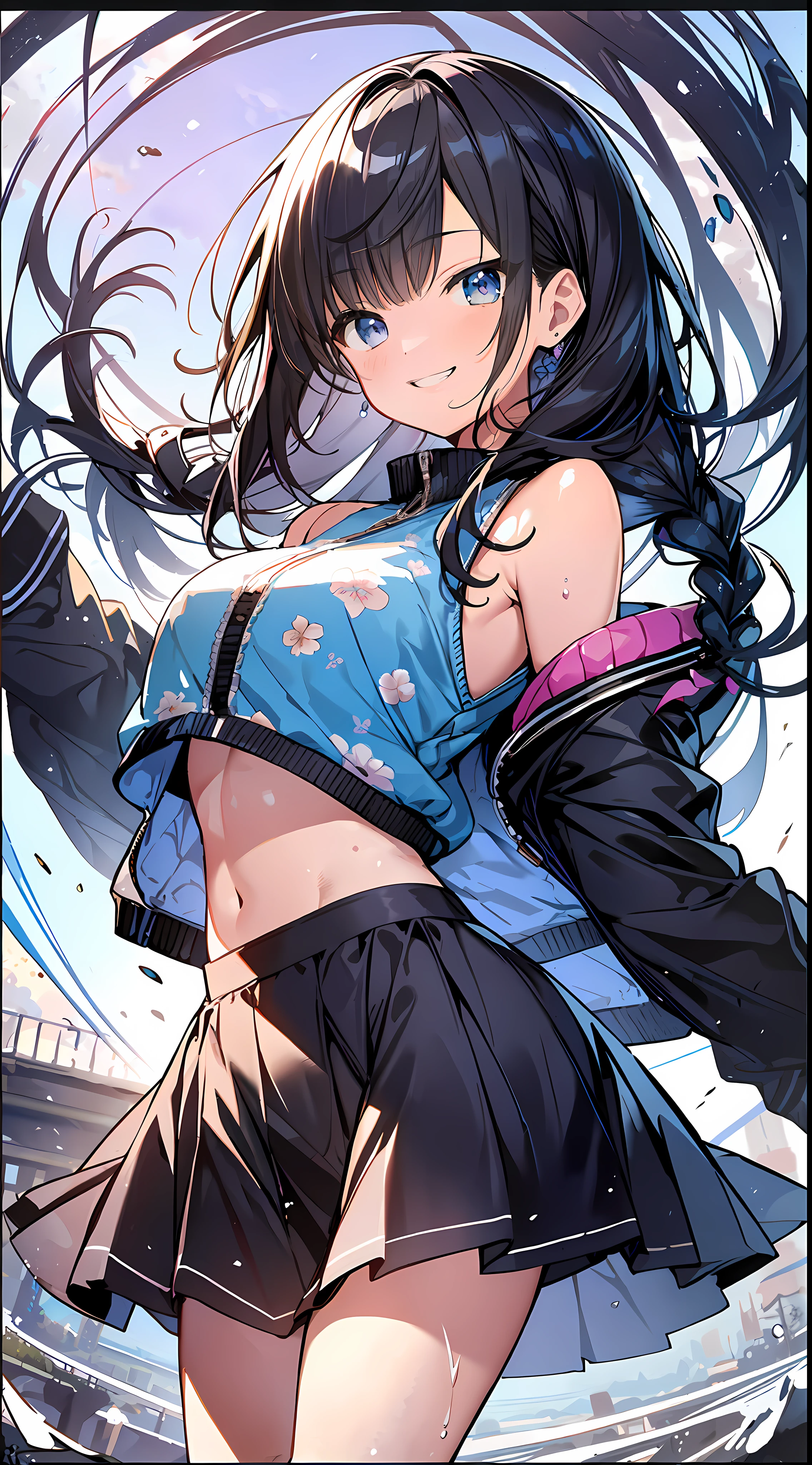 Top Quality, Masterpiece, Ultra High Definition, 8K, Summer Sky, Early Summer, (Flared Skirt, Jacket, Sneakers), Shojo Manga Style Loli, One, Soft Line Art, Digital Enhancement, Shojo Manga Touch, Shoujo Manga Core, Flowing Fabric, Close Up, (Hair length to the shoulders and short braids)), Wet hair, Soft drawing, Beautiful black hair, Clear eyes, (( Teasing smile)), ultra-detailed digital anime art, clear face depiction, ultra-detailed shoujo manga character art, clear facial features, ultra-detailed manga style, top quality colors, hand gestures, landscape with nature, looking up at the sky, angle that can be seen up to the feet