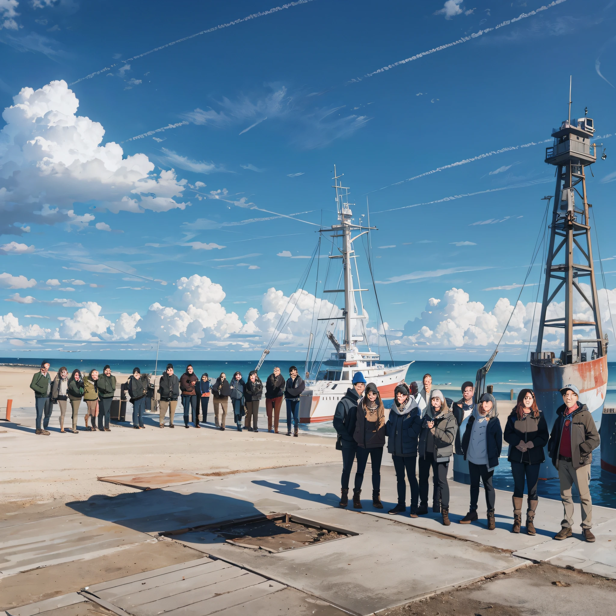 At the empty dock weapons testing ground by the sea, a group of people, with their mouths wide open and very surprised and shocked expressions, looked at the sky