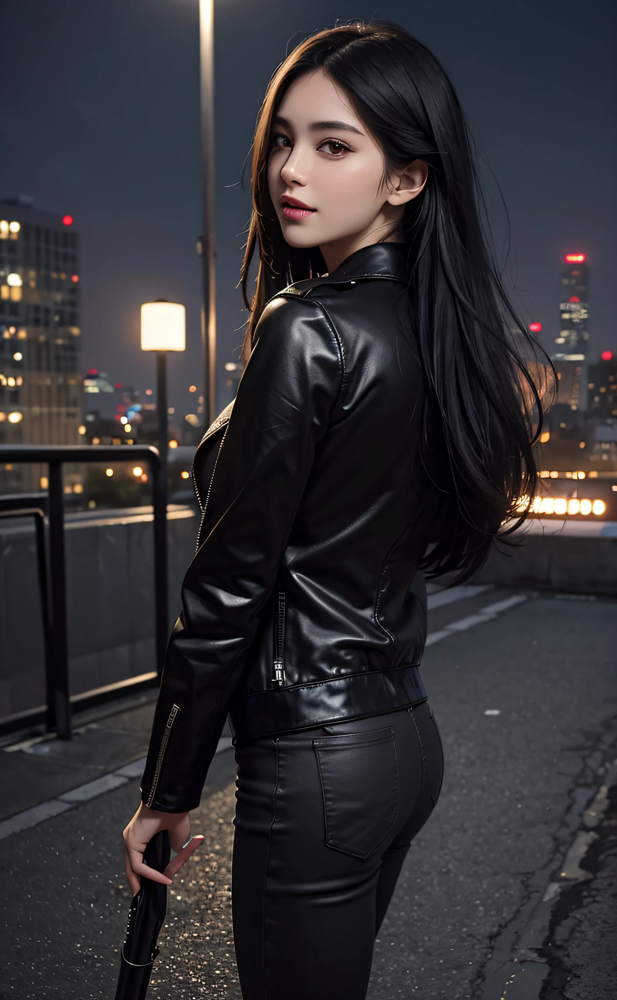 (Best Quality, 8K, Masterpiece: 1.3), (Ultra Real), (Illustration), (High Resolution), (8K), (Very Detailed), (Best Illustration), (Beautiful Detail Eyes), (Best Quality), (Ultra Detailed), (Masterpiece), (Wallpaper), (Detailed Face), Smile, Pure and Sweet, (Exaggerated Long Black Hair), Highly Detailed Face and Skin, City Roof Roof, 1 Girl, Tight Leather Jacket, Female Agent, Night, Starry Sky, Moonlight, Smooth Shoulders, Sexy Collarbone, Edge lighting, backlight, movies, full body photos