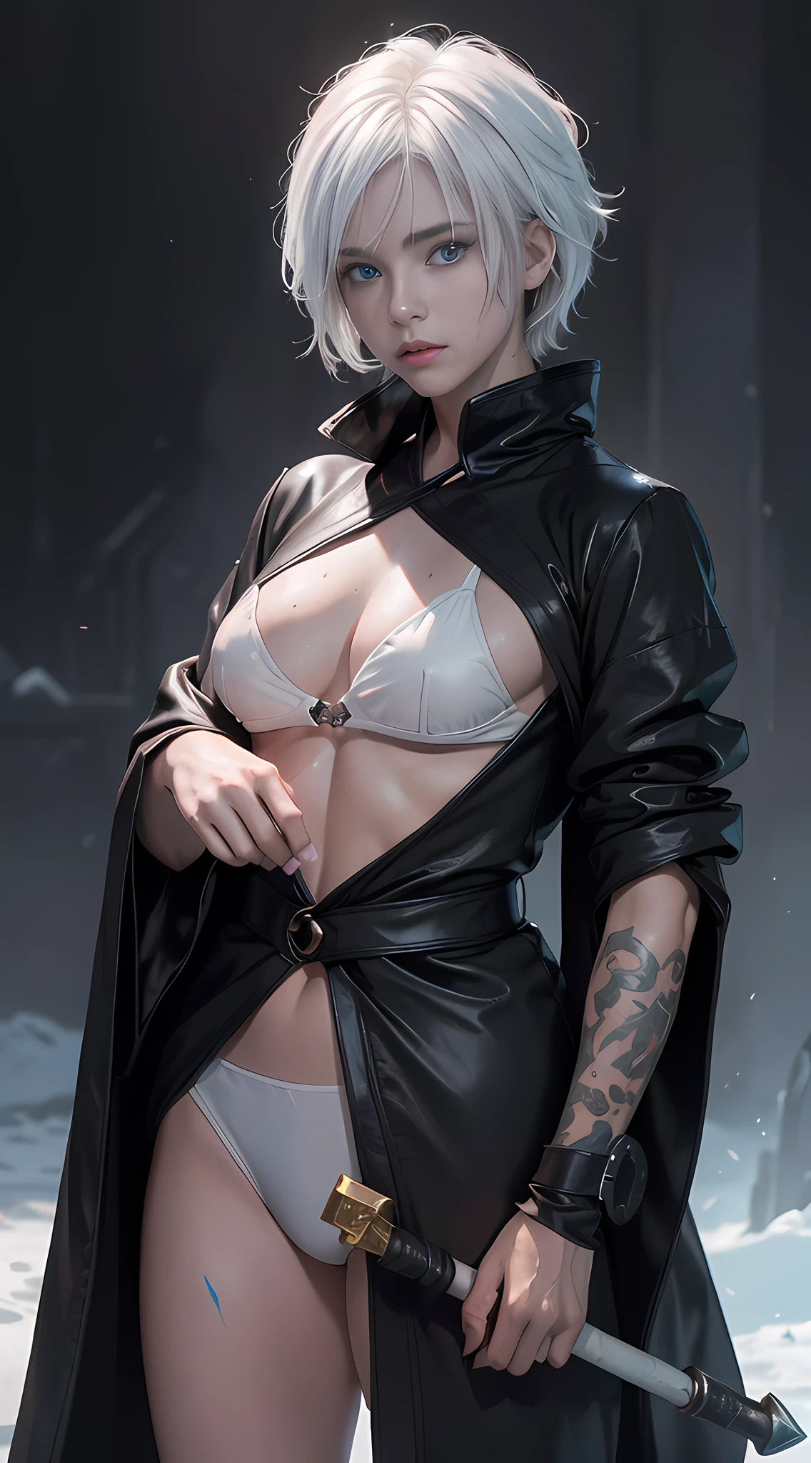 cyberpunk girl, fantasy world, dark background, clean design, epic Instagram, artstation, colorful paint splash, silhouette, ultra-detailed intricate details, Unreal engine, fantasy, complex details, splash screen, complementary colors, fantasy concept art, 8k resolution, deviantart masterpiece, oil painting, heavy stroke, paint dripping, (isolated on white background: 1.3), rainbow skin, (((handsome young man))), (( age:1.5)), (glowing blue eyes), ((eyes with light)), (((short white hair: 1.1))), ((black)), (princess \\(indifferent expression\\), (((wearing high-detail luxury black robe))), white hair, (abs) (large pectoral muscles) (appropriate posture)