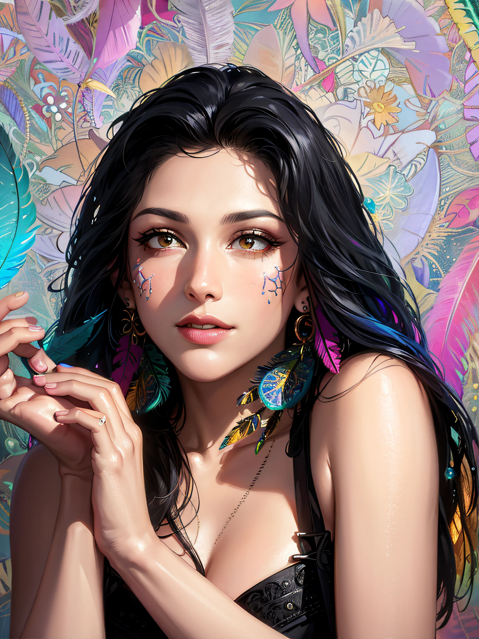 HD, (Best Detail) (Best Quality), Detailed Features, Colored Feathers, Metal Ornaments, Colored Flowers, Particles, Light, (Fractal Art: 1.1), (Colorful: 1.1) (Flowers: 1.3), Highest Detailed, (Zentangle: 1.2), (Dynamic Pose), (Abstract Background: 1.3), (Shiny skin), (many colors:1.4), ,(earrings:1.4), (feathers:1.4)