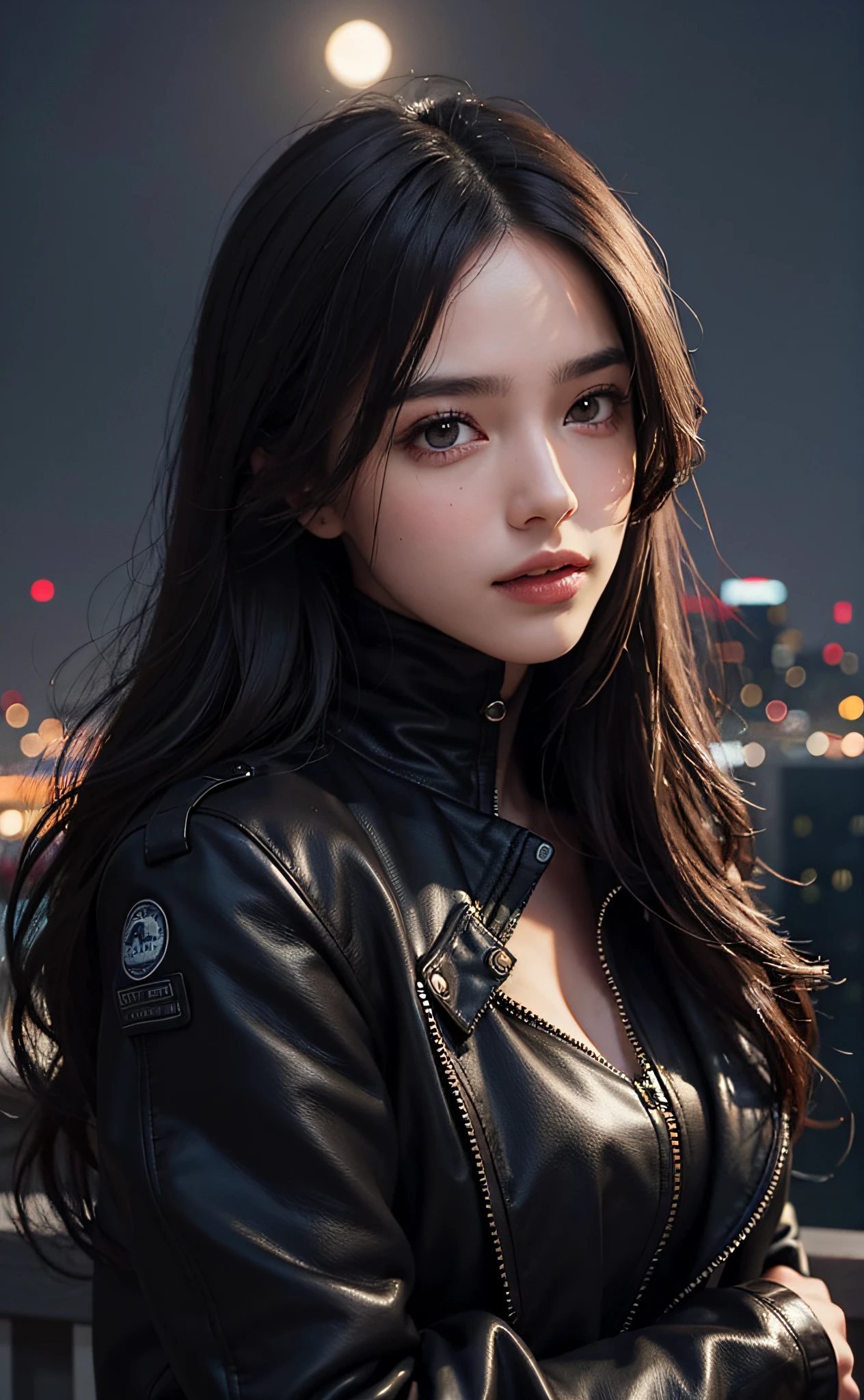 (Best Quality, 8K, Masterpiece: 1.3), (Ultra Real), (Illustration), (High Resolution), (8K), (Very Detailed), (Best Illustration), (Beautiful Detail Eyes), (Best Quality), (Ultra Detailed), (Masterpiece), (Wallpaper), (Detailed Face), Smile, Pure and Sweet, (Exaggerated Long Black Hair), Highly Detailed Face and Skin, City Roof Roof, 1 Girl, Tight Leather Jacket, Female Agent, Night, Starry Sky, Moonlight, Smooth Shoulders, Sexy Collarbone, Edge lighting, backlight, movies, full body photos