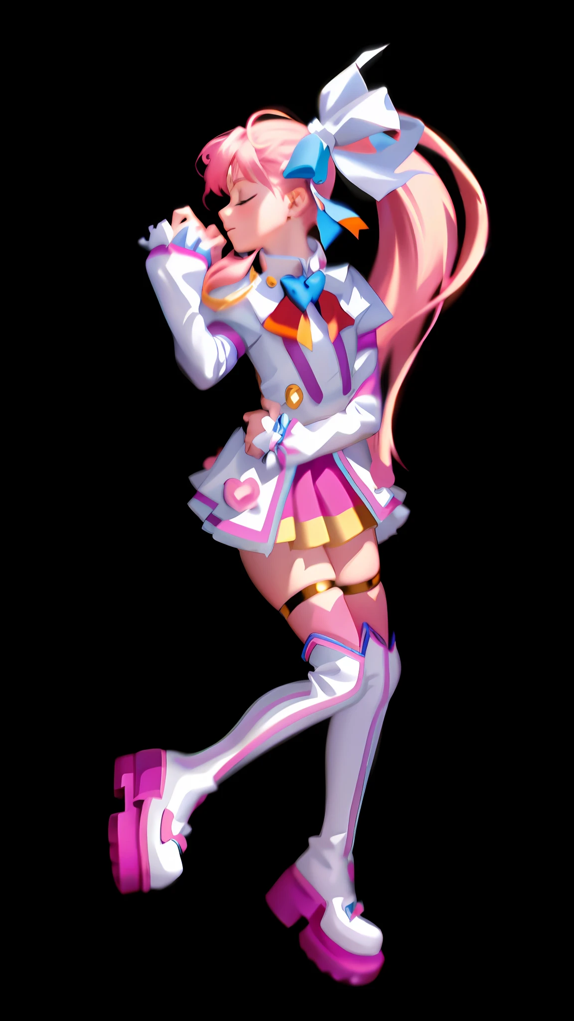 (Masterpiece: 1.5), (Best quality: 1.5), 8k, (Perfect hand: 1.5), 1 girl, eyes closed, mouth closed, pink hair, single ponytail, white top, pink pleated skirt, pink over-the-knee socks, white boots, (no background: 1.5), skinny legs, (cat's claw gesture: 1.5),