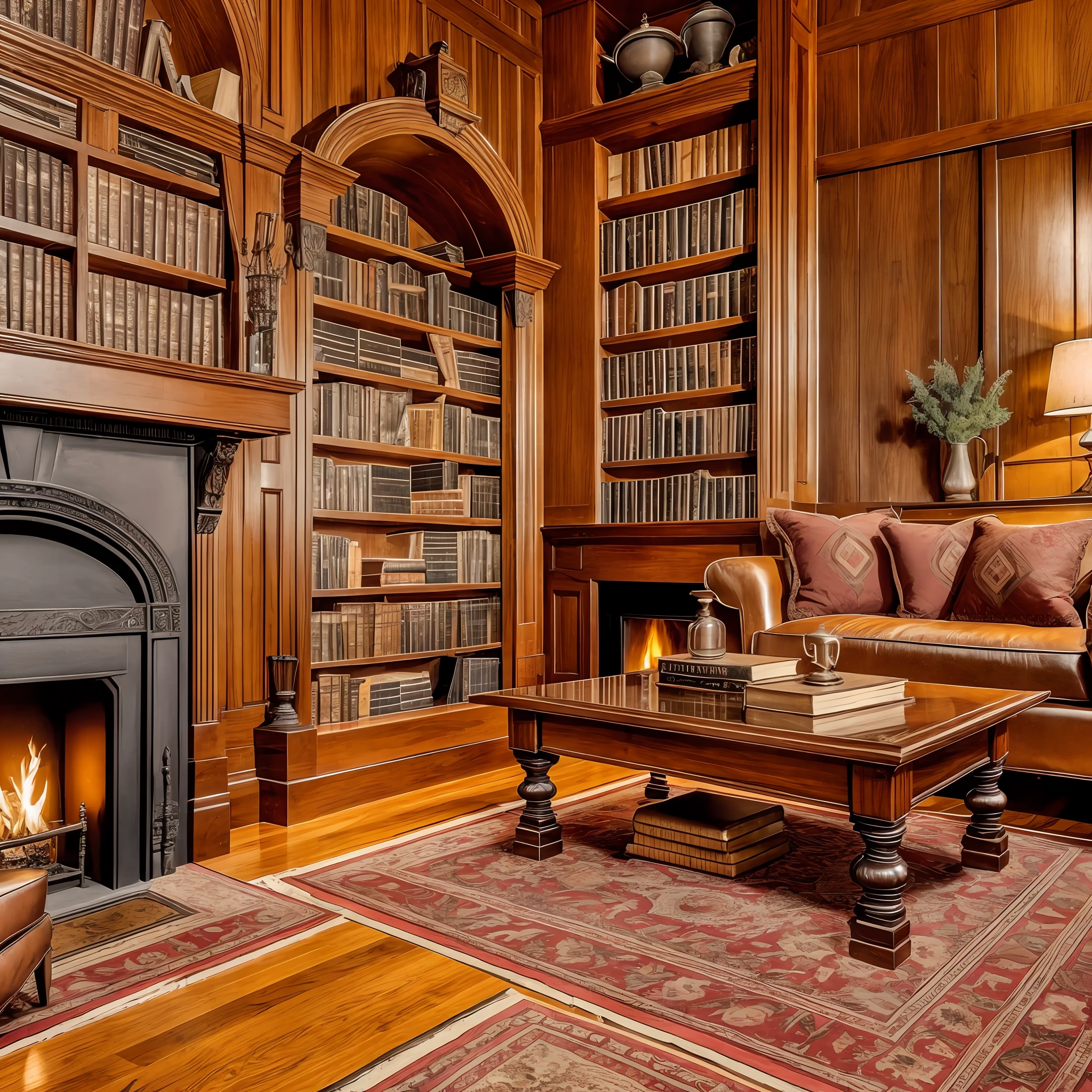 Old-fashioned room with wood There are old books and a fireplace Fantasy world night --auto --s2