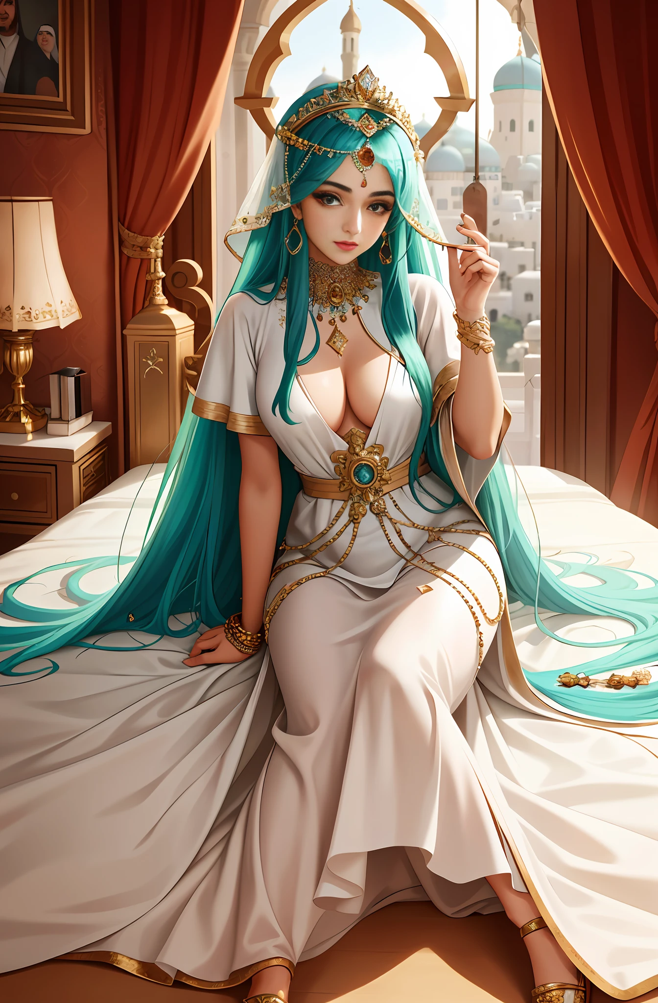 An award-winning photo of an Arab princess represented in taking a close-up in her bedroom in the Royal Palace, perfect face, face details, full clothes, with edge lighting, dual-tone lighting, sharp focus, bright colors, saturated with gas, realistic, professionally lit, full body, high-resolution details