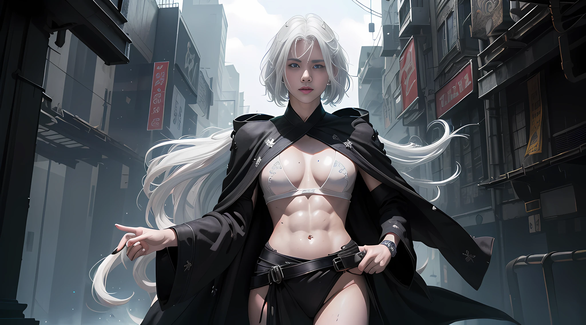 cyberpunk girl, fantasy world, dark background, clean design, epic Instagram, artstation, colorful paint splash, silhouette, ultra-detailed intricate details, Unreal engine, fantasy, complex details, splash screen, complementary colors, fantasy concept art, 8k resolution, deviantart masterpiece, oil painting, heavy stroke, paint dripping, (isolated on white background: 1.3), rainbow skin, (((handsome young man))), (( age:1.5)), (glowing blue eyes), ((eyes with light)), (((short white hair: 1.1))), ((black)), (princess \\(indifferent expression\\), (((wearing high-detail luxury black robe))), white hair, (abs) (large pectoral muscles) (appropriate posture)
