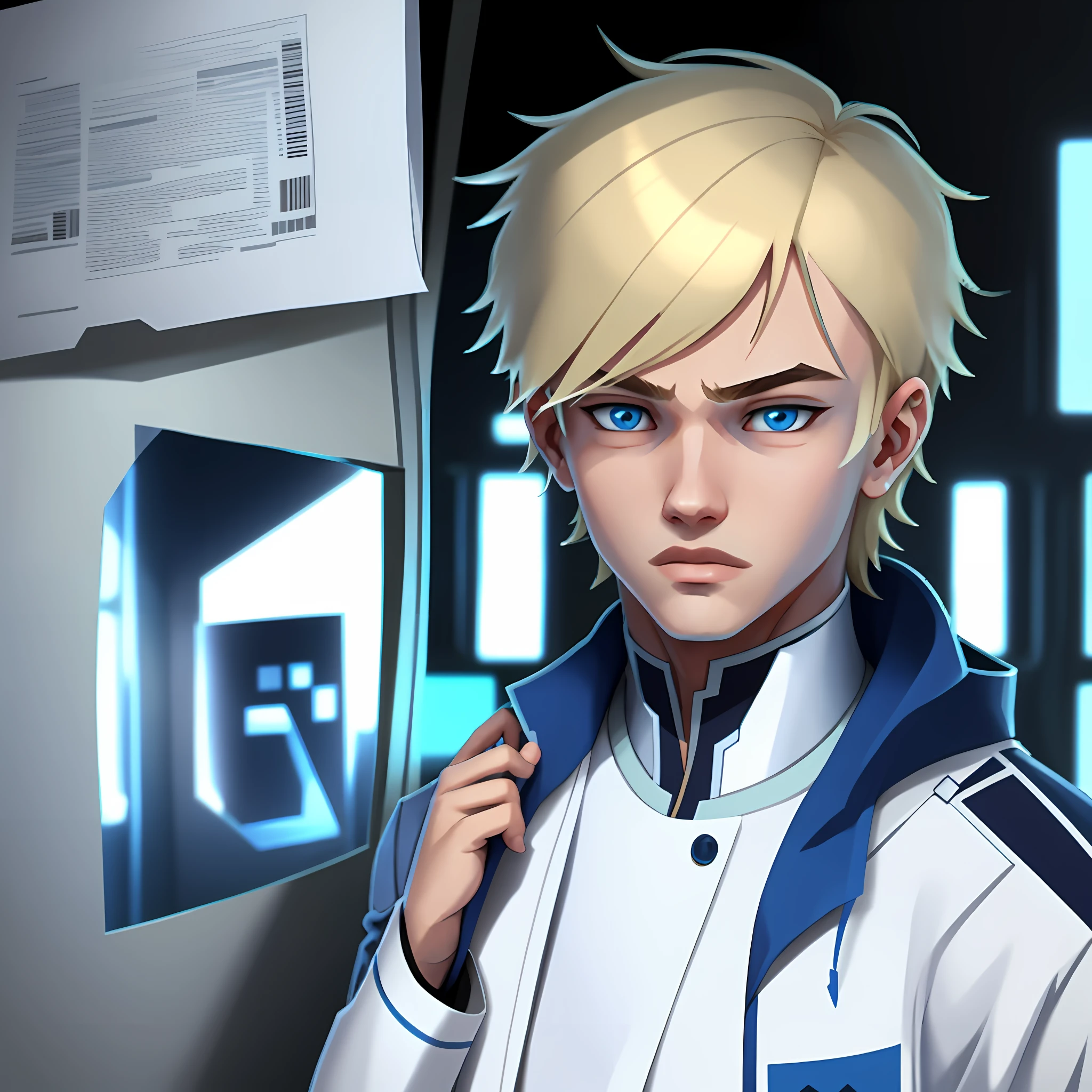 blue-eyed blonde boy student, cute 2d character, popular, comics style, boy