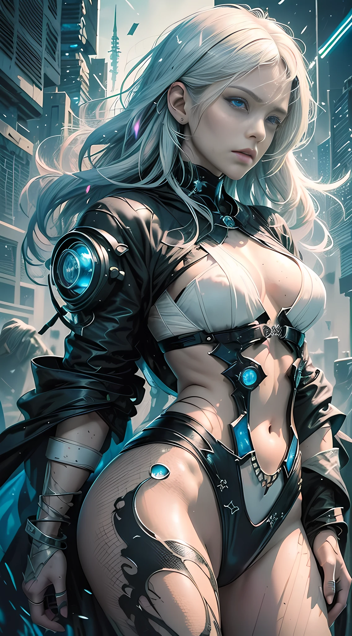 cyberpunk girl, fantasy world, dark background, clean design, epic Instagram, artstation, colorful paint splash, silhouette, ultra-detailed intricate details, Unreal engine, fantasy, complex details, splash screen, complementary colors, fantasy concept art, 8k resolution, deviantart masterpiece, oil painting, heavy stroke, paint dripping, (isolated on white background: 1.3), rainbow skin, (((handsome young man))), (( age:1.5)), (glowing blue eyes), ((eyes with light)), (((long white hair: 1.1))), ((black)), (princess \\ (indifferent expression\\), (((wearing high-detail multi-layered luxury black robe))), white hair, (abs) (large pectoral muscles) (appropriate posture)