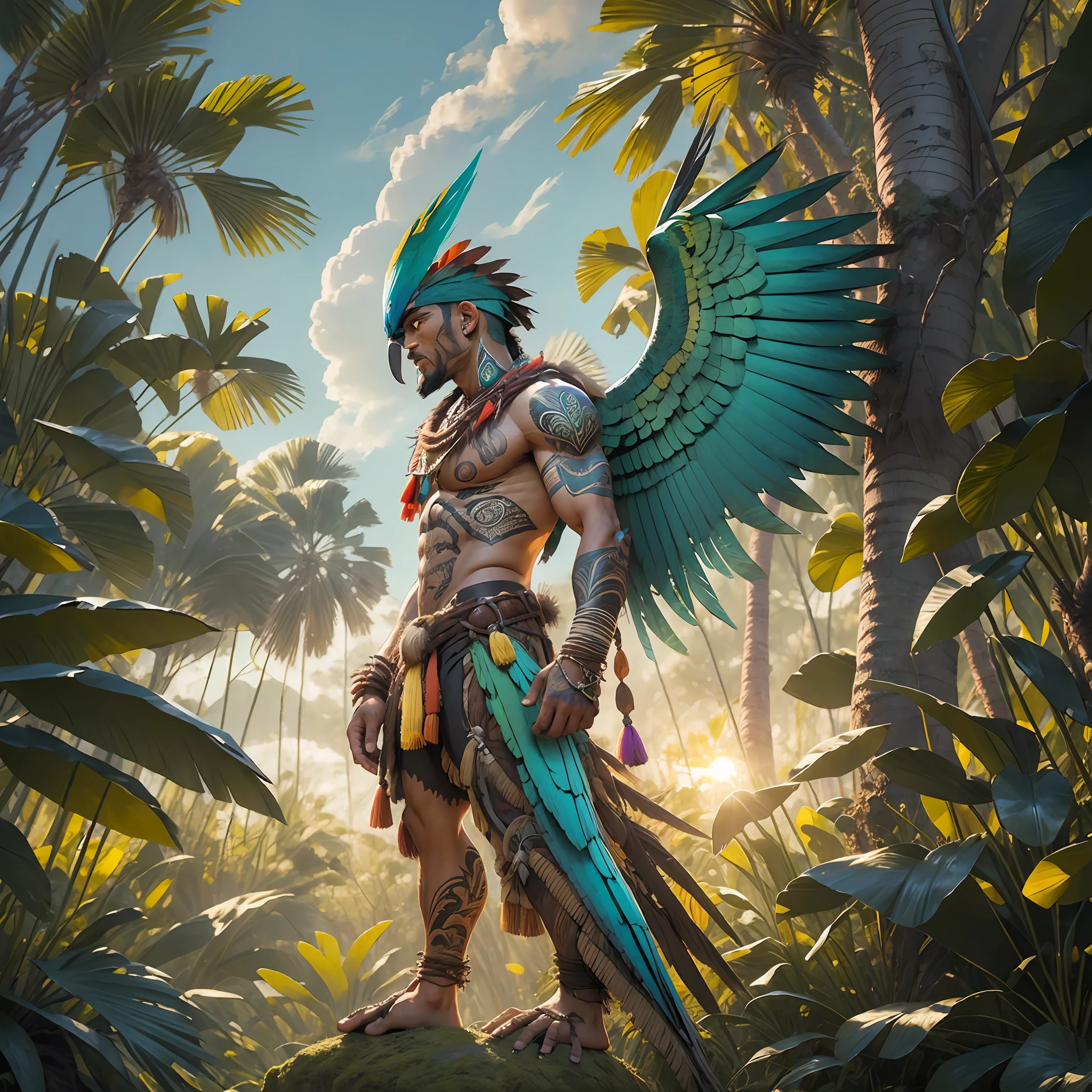 Solo character, indigenous man, anthropozoomorph, humanoid, large feathers, macaw parrot wings on the back, very tanned skin, full body, menacing face, tall, background forest, sunset [blue body:1.2+green body:1.1+purple body+yellow body:0.9], human, [blue parrot head:1.5], green forest, amazon, sunset, branches, sunshine) --auto --s2