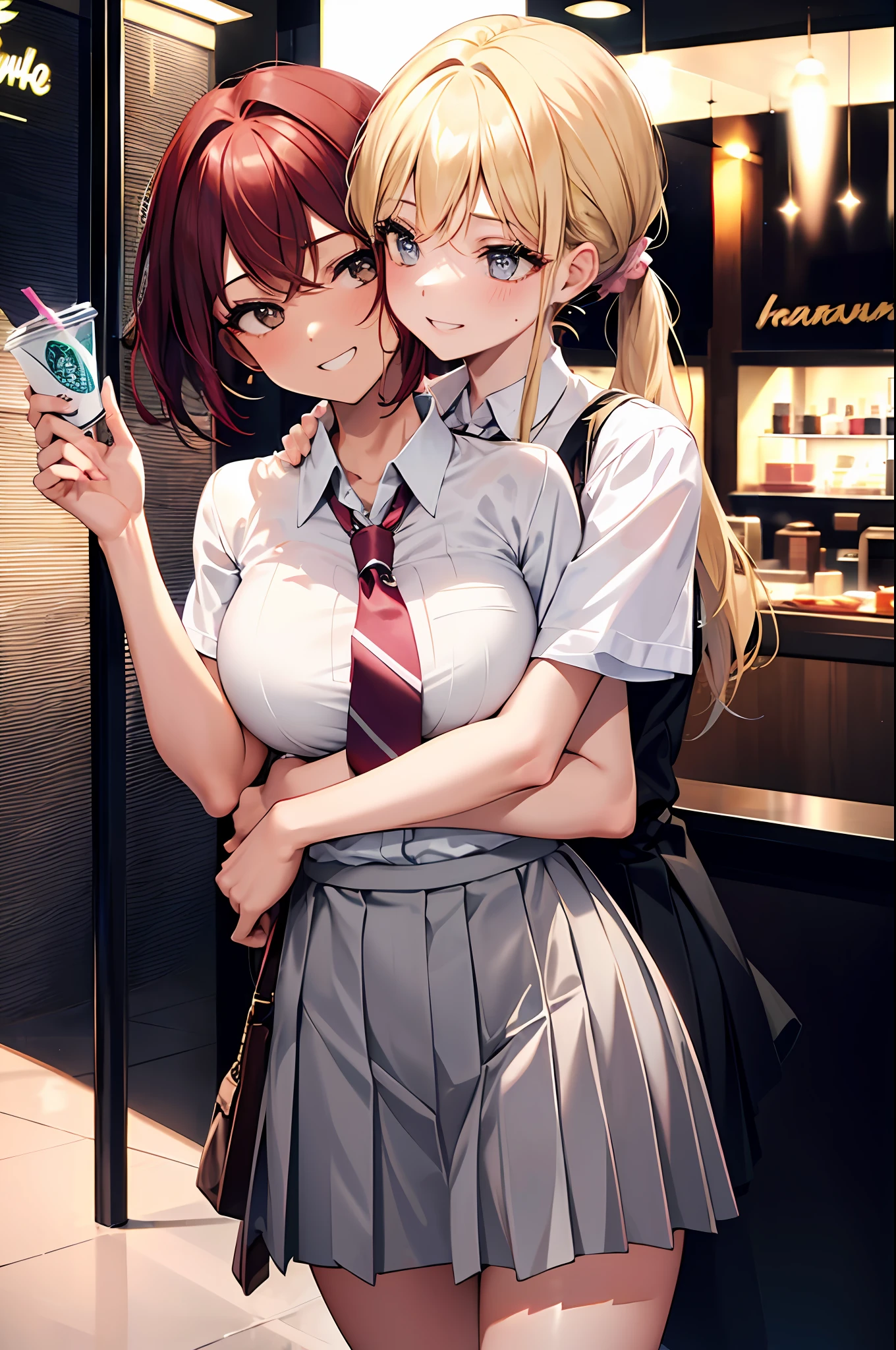 Top quality, masterpiece, incredibly beautiful, very delicate 8k wallpaper, (2 girls: 1.5), (yuri), back hug, (long blonde dark-skinned sullen girl), BREAK, long eyelashes, makeup, constriction, big, big ass, break, (loose pink tie), (white blouse with short sleeves), ((pleated mini skirt with gray checkered pattern)), BREAK, ( Grinning girl with short red hair ponytail), Starbucks, Frappuccino, cityscape,