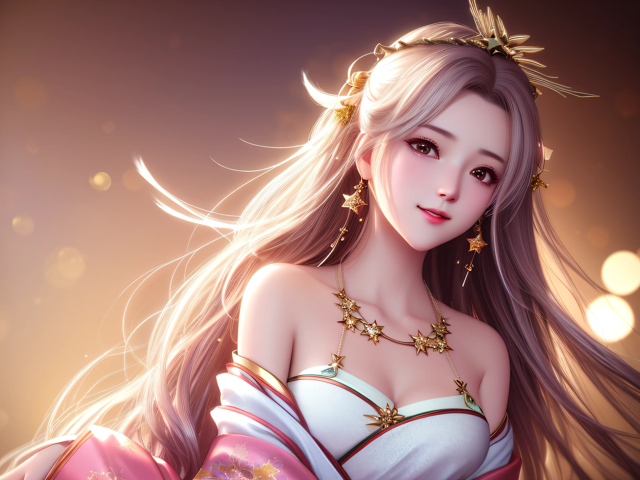 best quality, masterpiece, highres, 1girl,blush,(seductive smile:0.8),star-shaped pupils,china hanfu,hair ornament,necklace, jewelry,Beautiful face,upon_body, tyndall effect,photorealistic, dark studio, rim lighting, two tone lighting,(high detailed skin:1.2), 8k uhd, dslr, soft lighting, high quality, volumetric lighting, candid, Photograph, high resolution, 4k, 8k, Bokeh