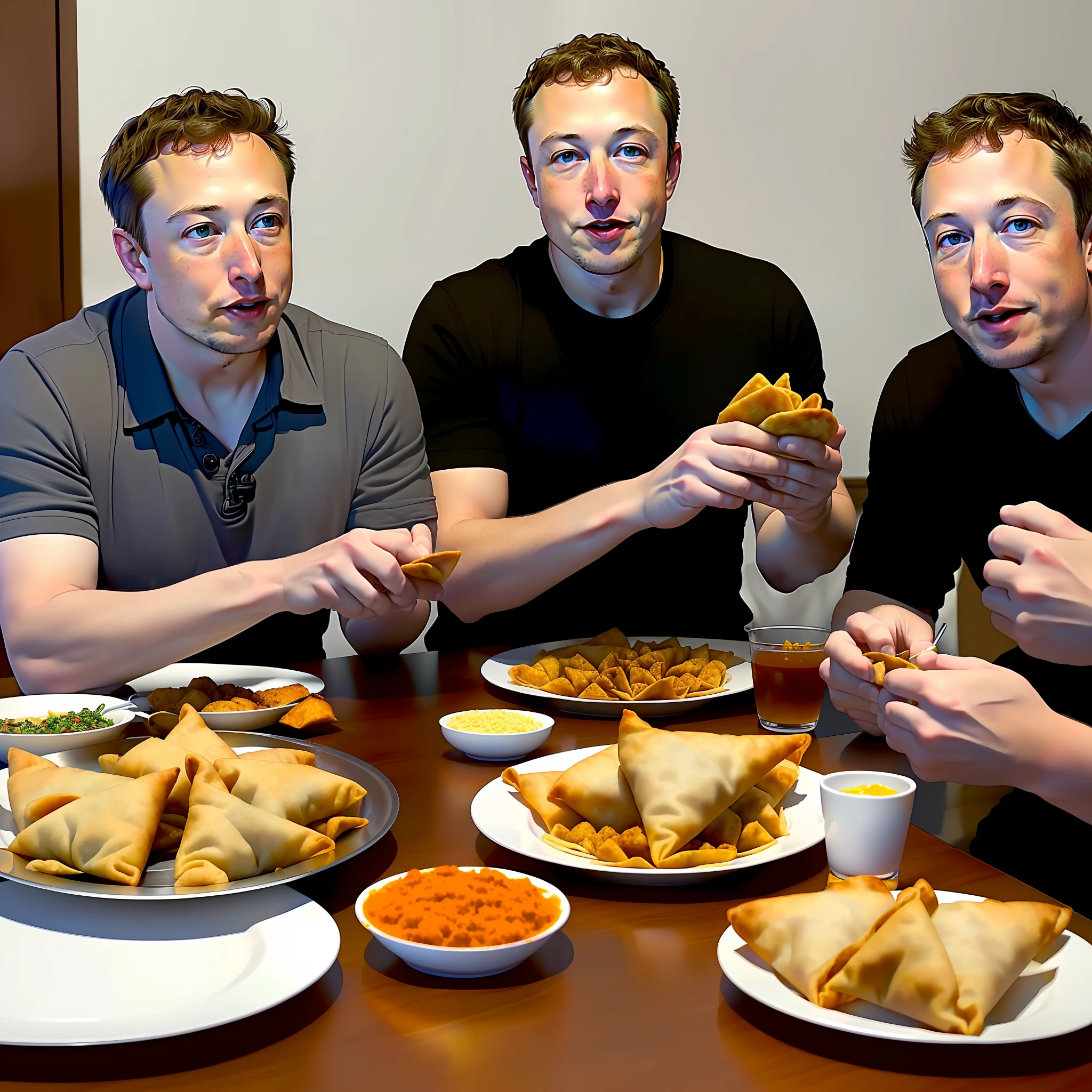 Detailed photo of Elon Musk and Mark Zuckerberg sitting together at table and eating samosas, hip level shot, detailed face, photo realistic, there is a plate of samosas on the table, Elon musk and Mark Zuckerberg eating samosa, 8k resolution,