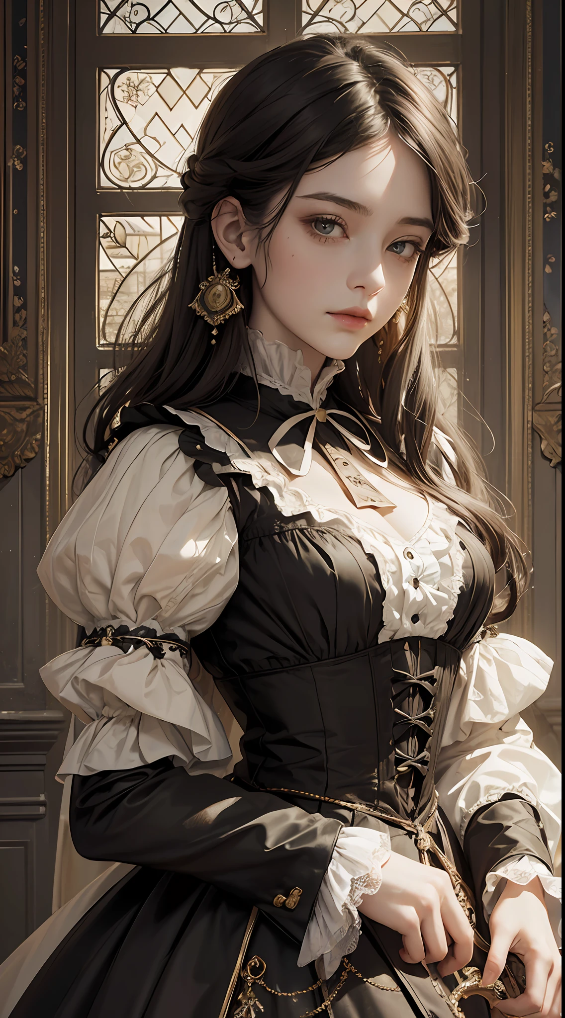 (Pure Color: 0.9), (Color: 1.1), (Masterpiece: 1,2), Best Quality, Masterpiece, High Resolution, Original, Highly Detailed Wallpaper, Beauty, Victorian, Dress, Sad, Small Face, Big Breasts, Sepia Color, Live Action Style --auto --s2